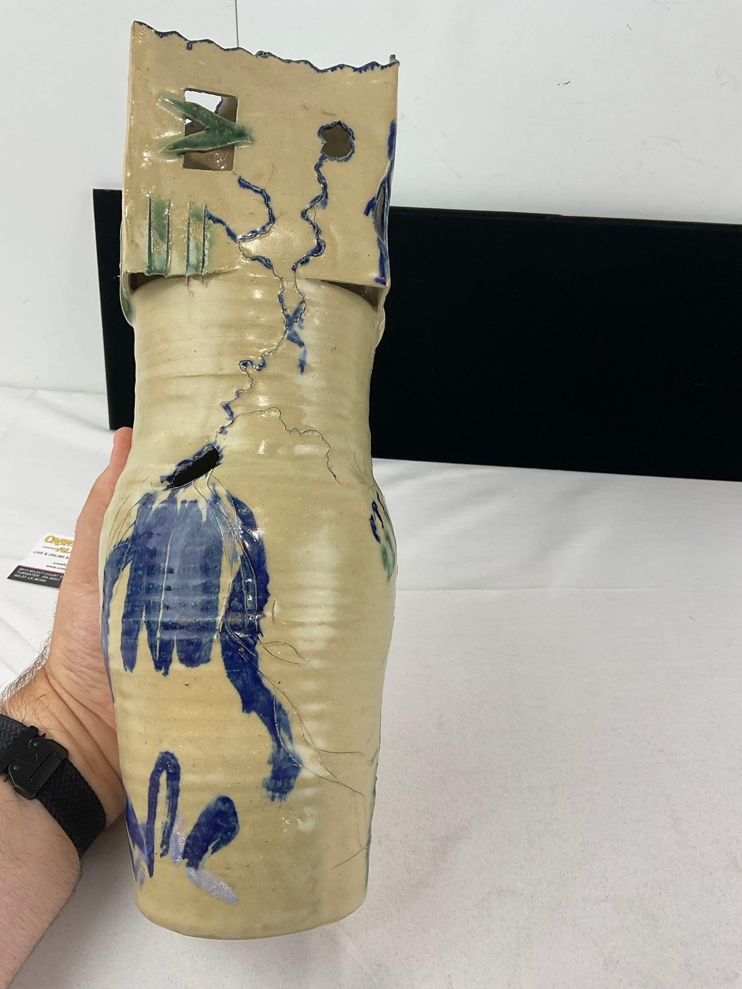 Unique Studio Abstract Art Pottery Vase, Offwhite w/Blue & Green handpainted Details - 4