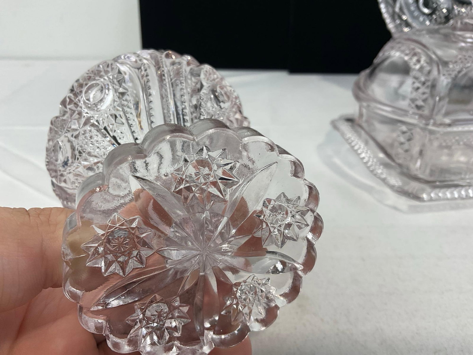 3 EAPG/Cut Glass Pieces, Scalloped Edge Bowl, Goblet/Vase, Unique Antique McKee? Lidded Butter Dish - 2