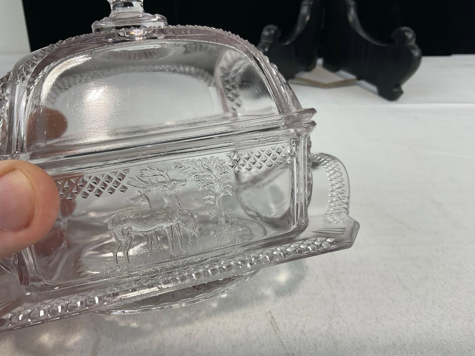 3 EAPG/Cut Glass Pieces, Scalloped Edge Bowl, Goblet/Vase, Unique Antique McKee? Lidded Butter Dish - 6