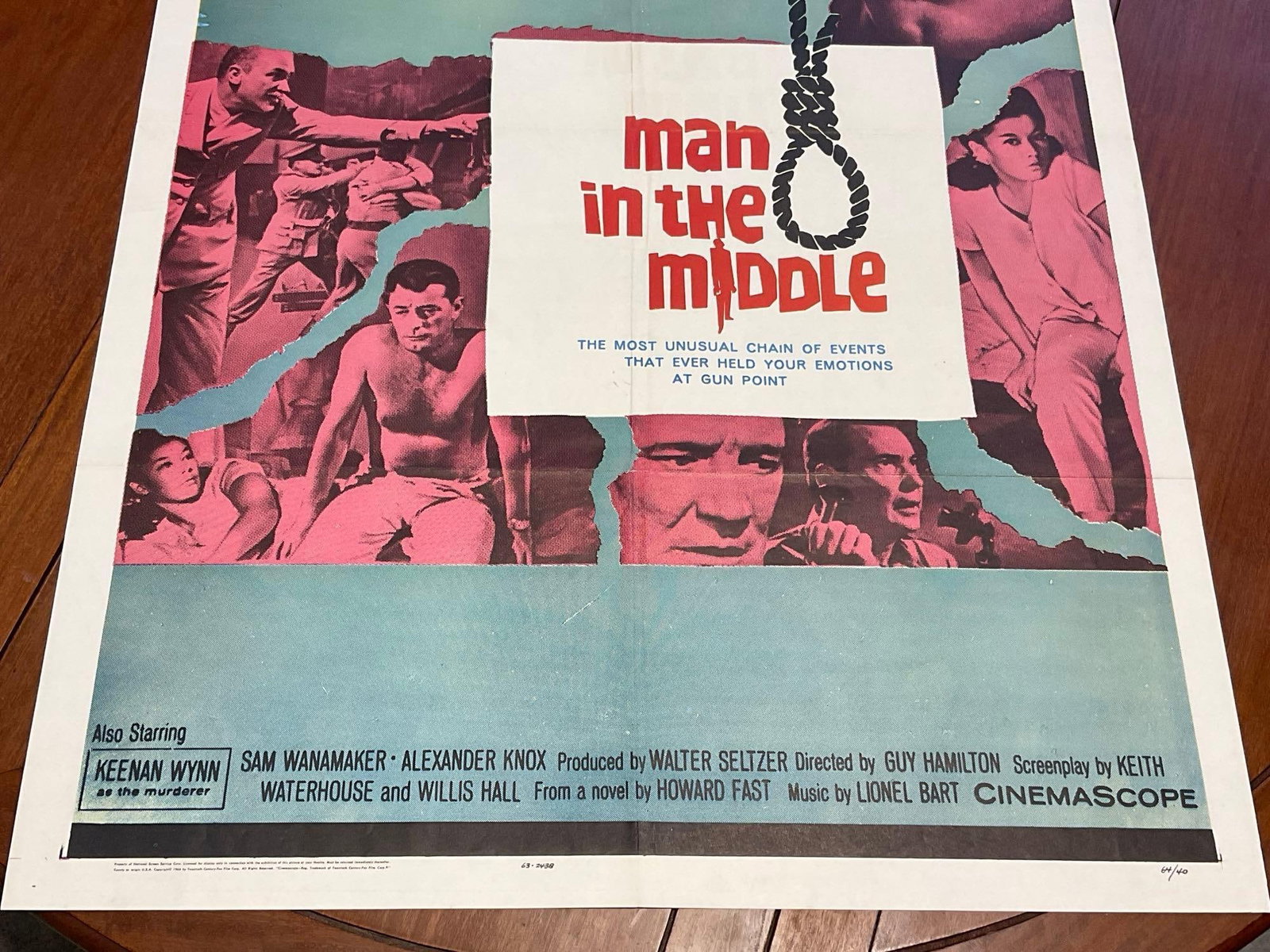 Vintage One Sheet Movie Poster, 1964 Man In The Middle, Photos of Characters in Pale Blue/Red Scale - 3