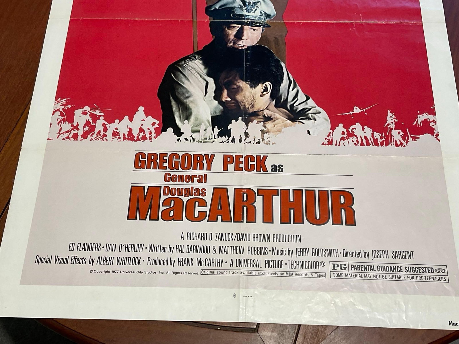 Vintage One Sheet Movie Poster, 1977 MacArthur, Gregory Peck in center, w/Deep Red/White Background - 3