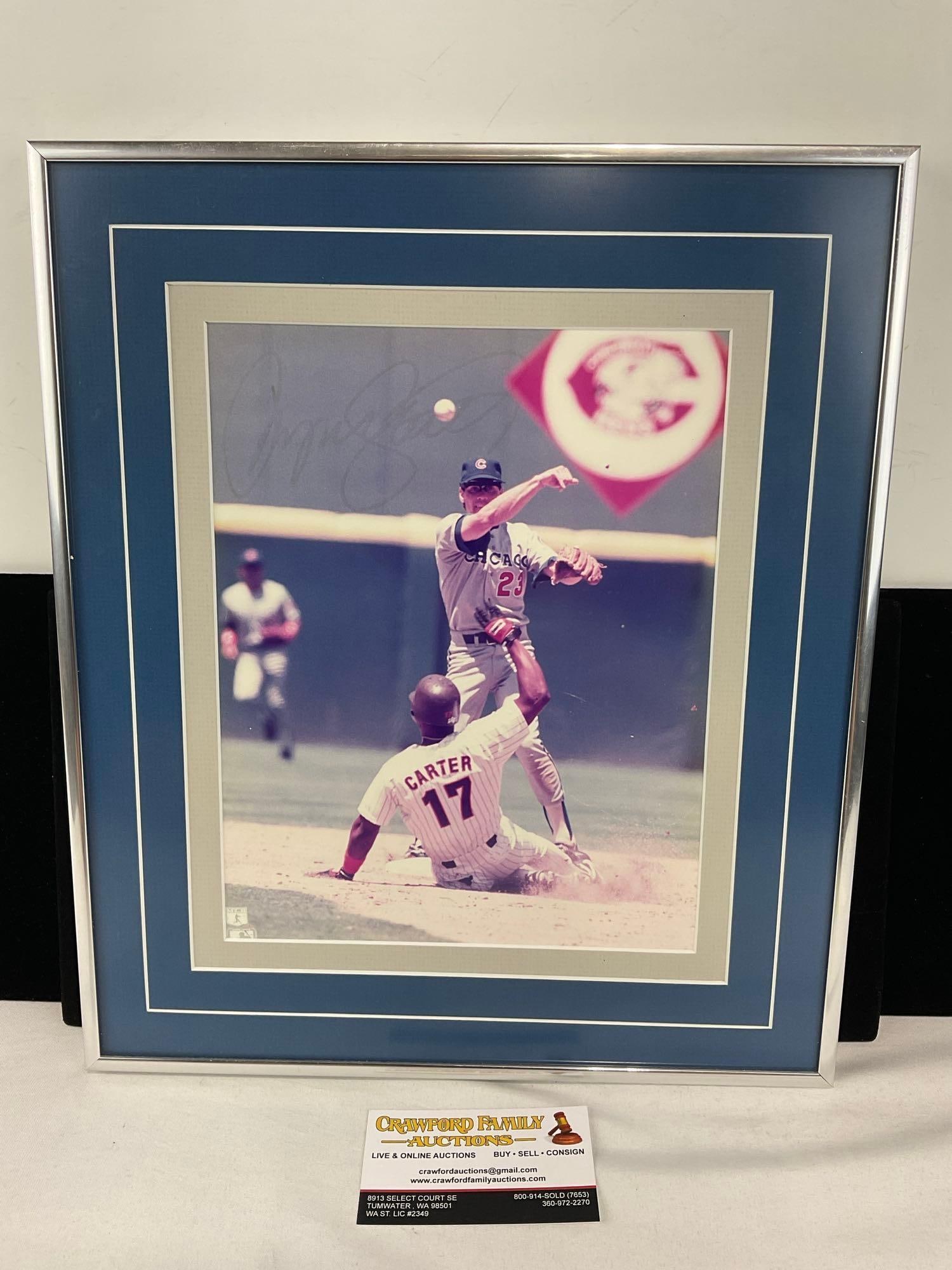 Framed Signed 1990s Chicago Cubs Hall of Famer, Ryne Sandberg Photo w/2x COAs, 15x13 inch: These sports lots are from a single consignor sports collection, including memorabilia hand sign in person at training camps & events by the consignor & and his father. Please see description