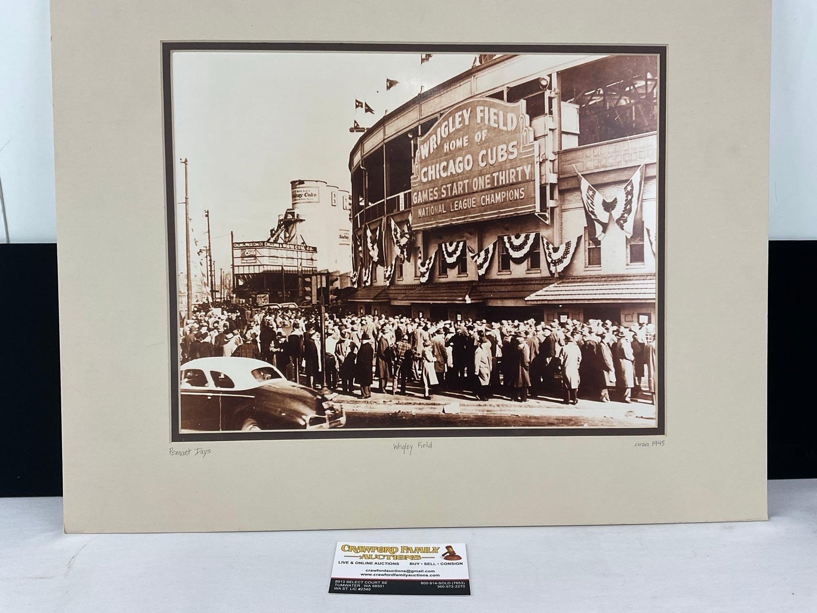 Matted Vintage 1945 Photo of Wrigley Field, titled Pennant Days, Chicago Cubs Arena, 17x21 inches (1 of 6)