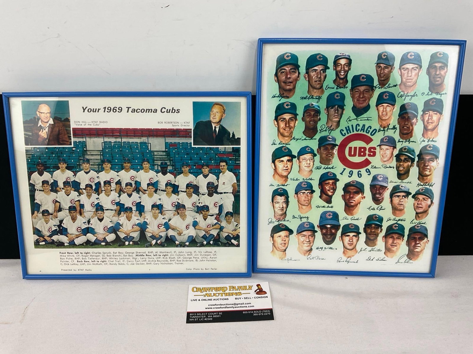 Pair of Framed 1969 Chicago Cubs w/players faces, & Tacoma Cubs Team Photo: These sports lots are from a single consignor sports collection, including memorabilia hand sign in person at training camps & events by the consignor & and his father. Please see description