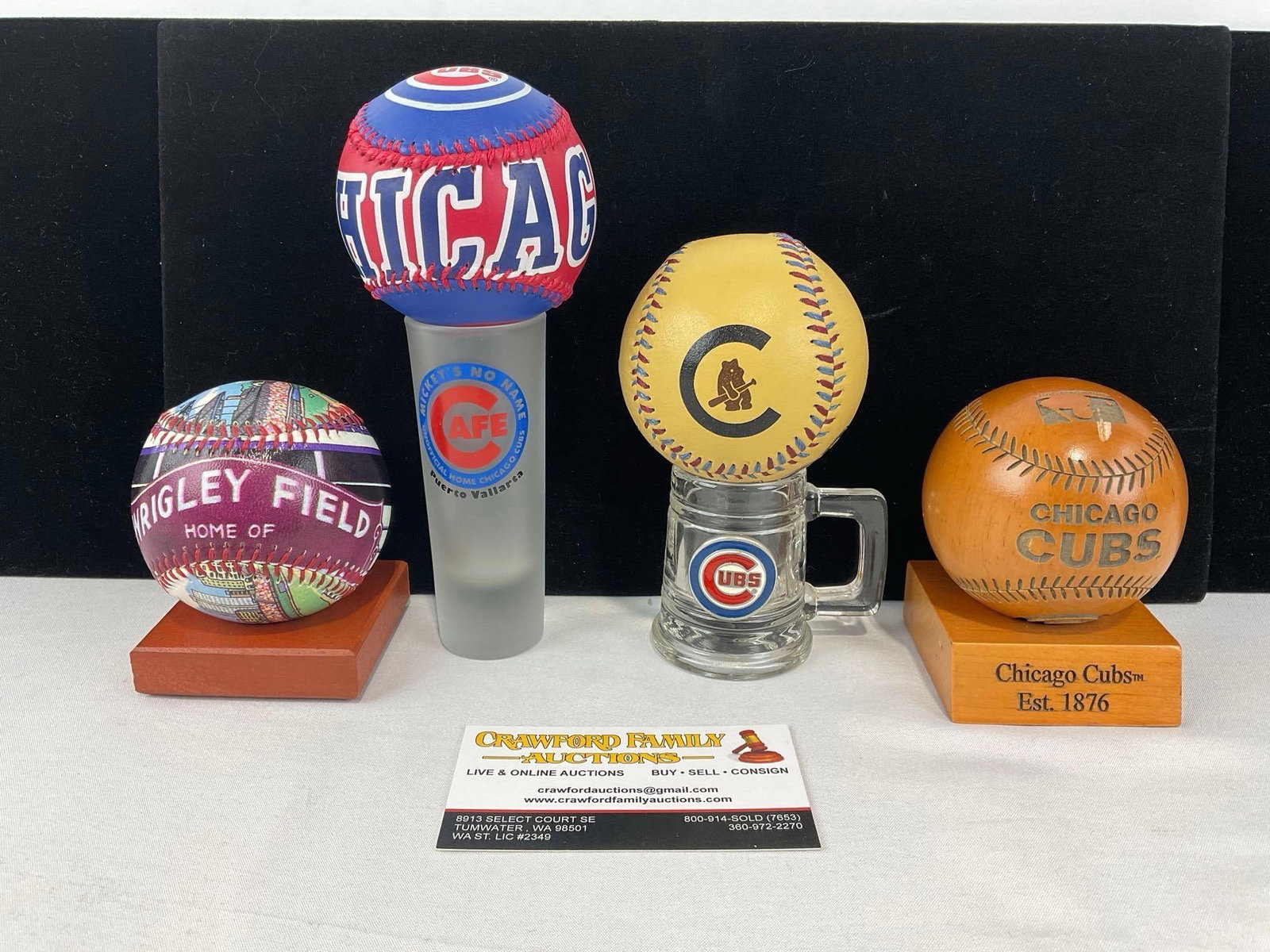 Chicago Cubs Novelty Baseballs, Wooden w/Stand, 2 Shot Glasses, Wrigley Field, 1907-10 logo: These sports lots are from a single consignor sports collection, including memorabilia hand sign in person at training camps & events by the consignor & and his father. Please see description