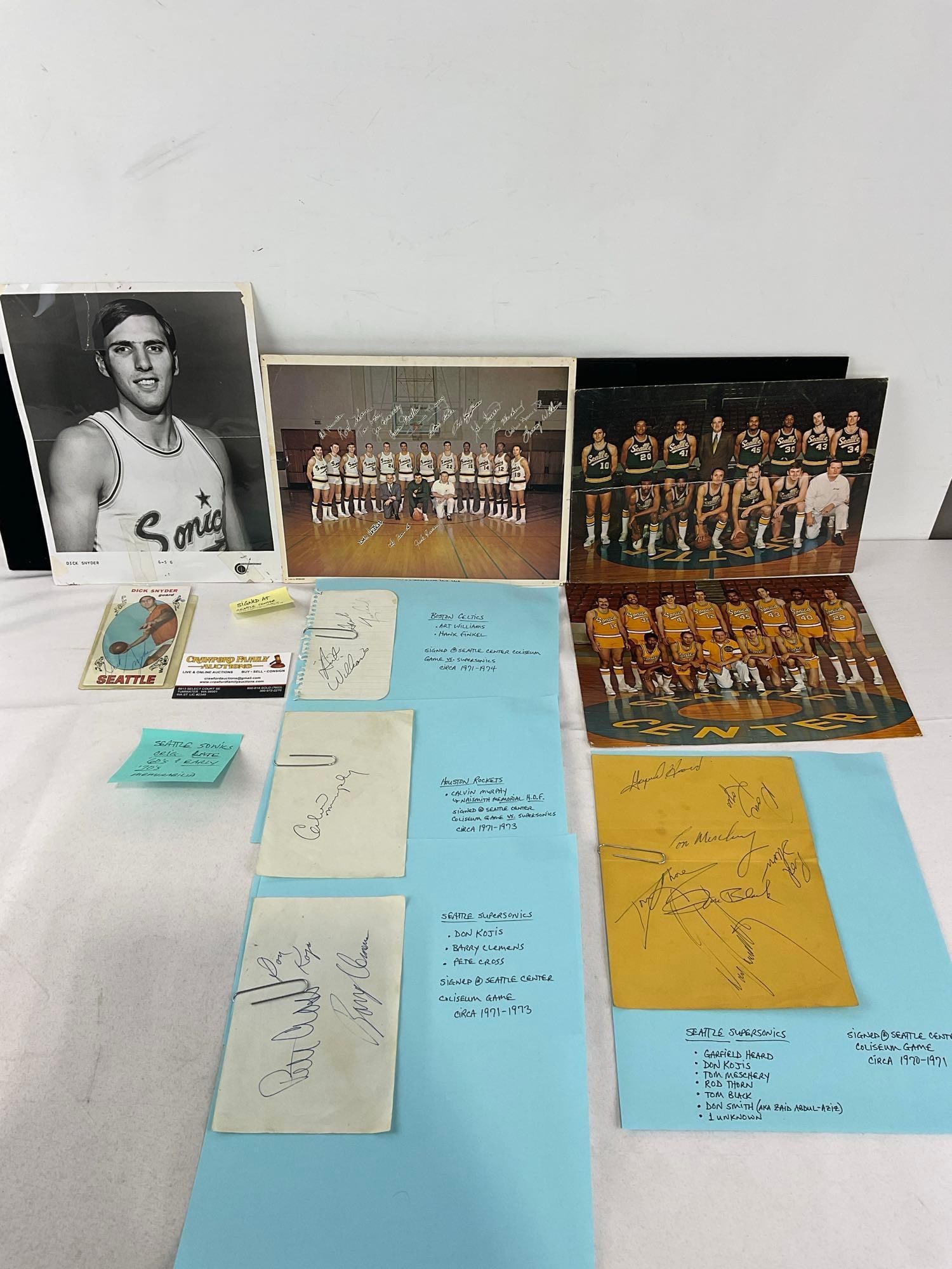 4 Seattle Sonics Photos, Signatures from Several Sonics, a few Celtics, & Calvin Murphy - Rockets: Includes larger format Dick Snyder photo & signed cards. These sports lots are from a single consignor sports collection, including memorabilia hand sign in person at training camps & events