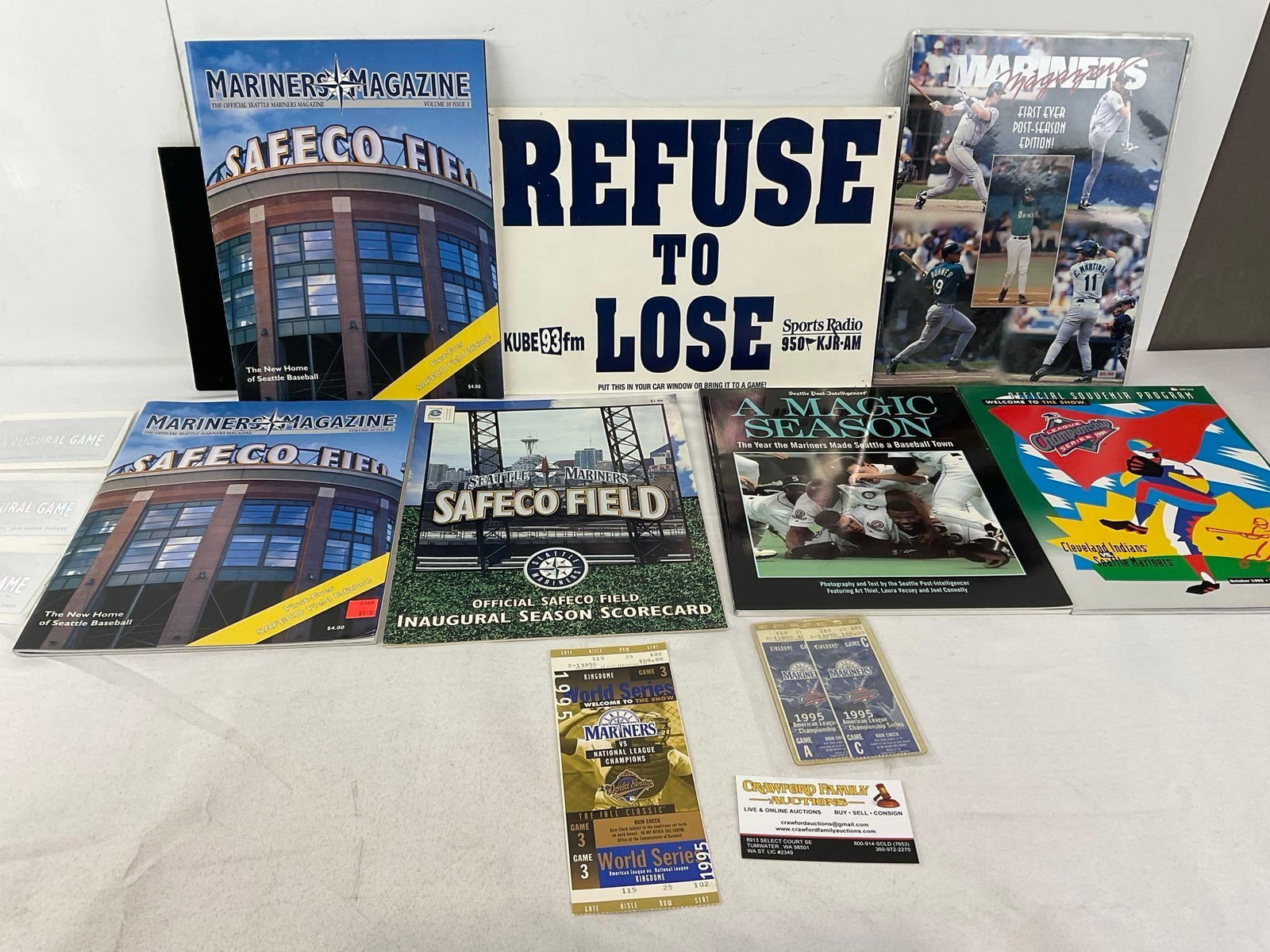 Safeco Field Inaugural Magazine, Scorecard, 1st Post Season Mag, World Series Tickets & more: These sports lots are from a single consignor sports collection, including memorabilia hand sign in person at training camps & events by the consignor & and his father. Please see description
