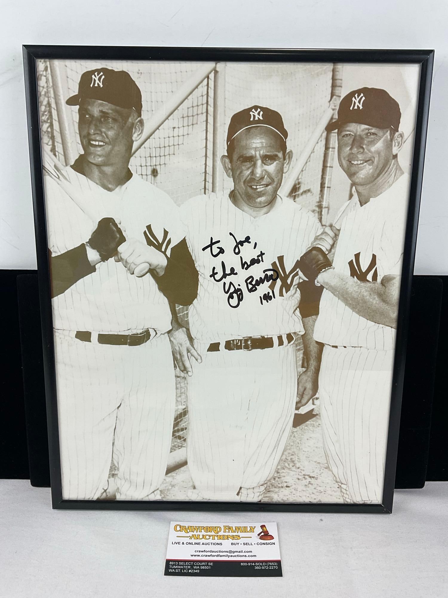 Framed Photo of Yogi Berra (Signed), Mickey Mantle, & Roger Maris, 15x12 inches: See pic A gift from consignors dad signed in person at a card show see pic These sports lots are from a single consignor sports collection, including memorabilia hand sign in person at training camps
