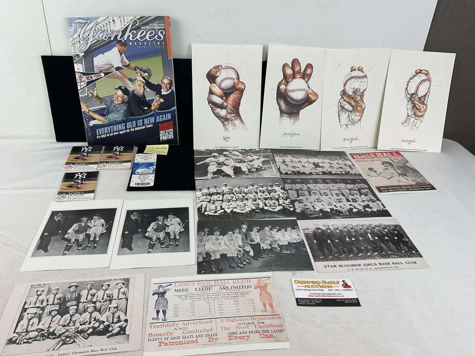 Yankees 100th Season Magazine, Schedules & Ticket, Collection of Antique Baseball Photos: Includes some Ladies Baseball, & some older images for the Tigers & NY Yankees. These sports lots are from a single consignor sports collection, including memorabilia hand sign in person at