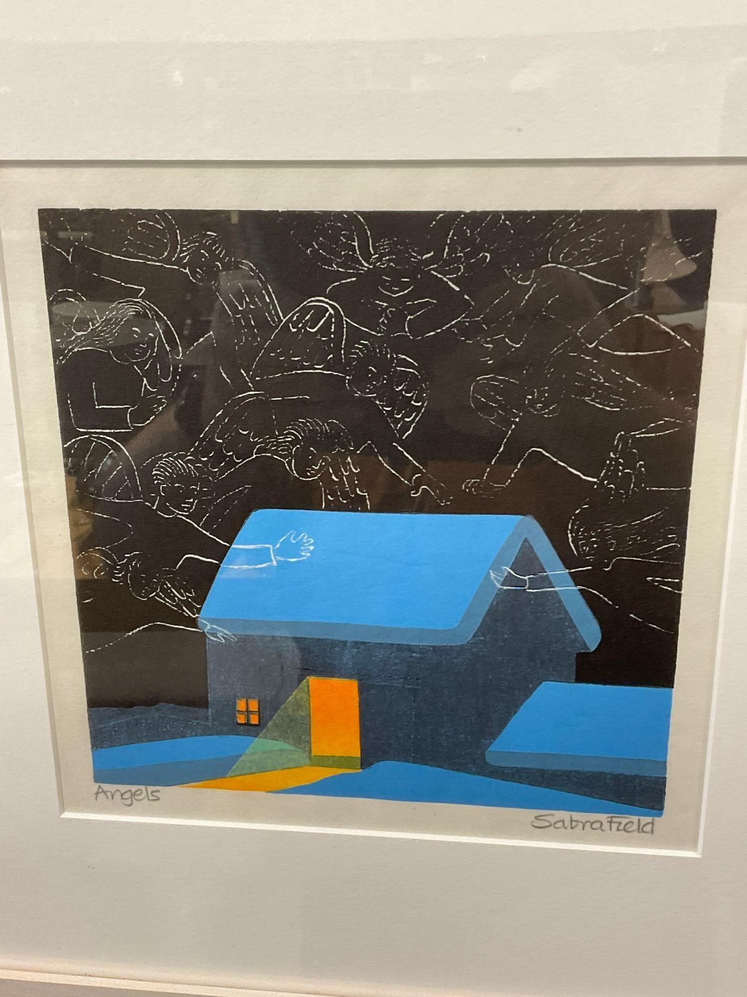 Framed Print, Signed woodcut titled Angels by Famous Artist Sabra Field 17x17 inches, bio on back - 2