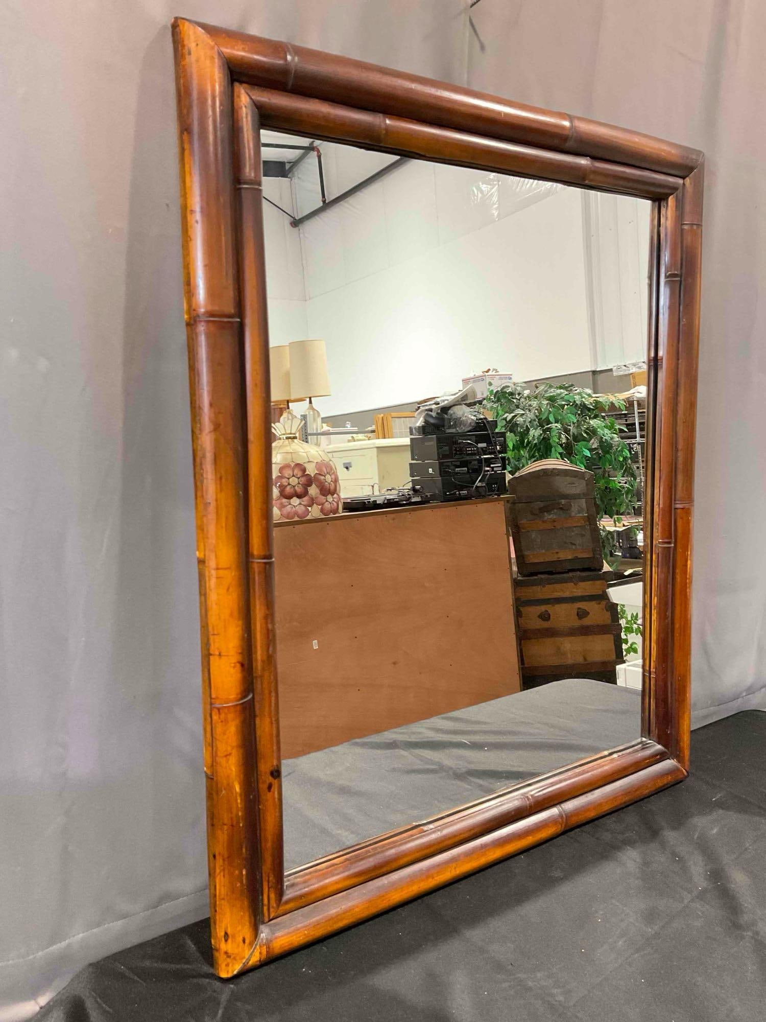 Vintage Wall Mirror in Bamboo Style Wood Frame. Measures 30" x 3" x 36" - 3