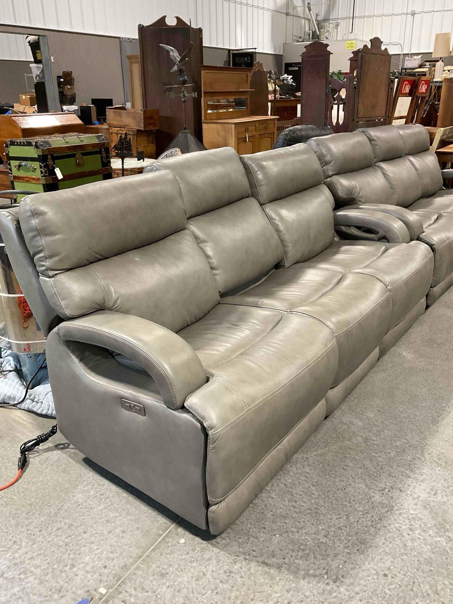 Power Recliner Couch w/ 3 Seats & Gray Leather Upholstery. Tested, Works. See pics. - 2