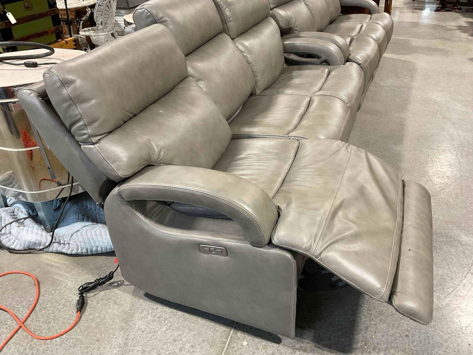 Power Recliner Couch w/ 3 Seats & Gray Leather Upholstery. Tested, Works. See pics. - 3