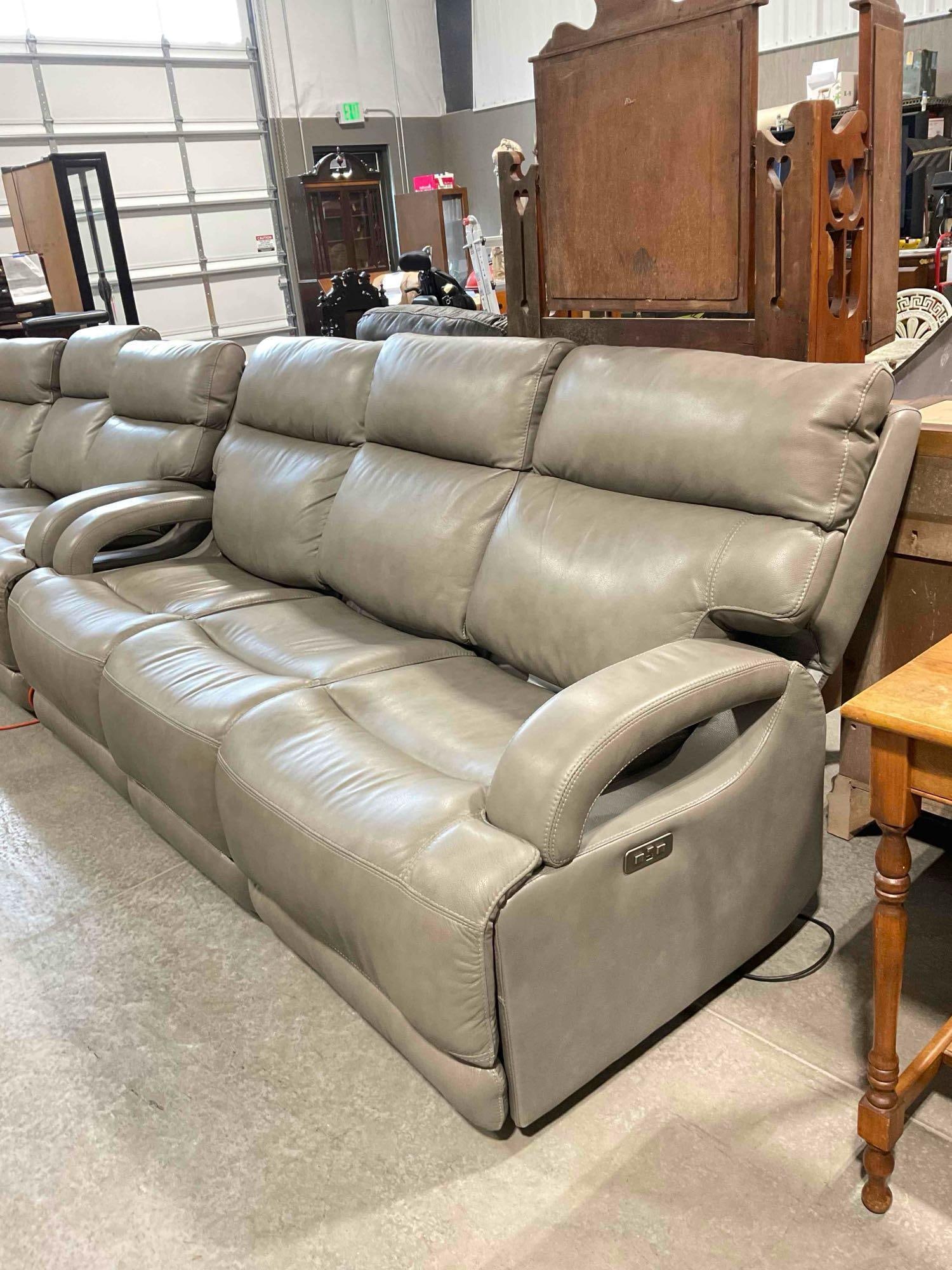 Power Recliner Couch w/ 3 Seats & Gray Leather Upholstery. Tested, Works. See pics. - 2