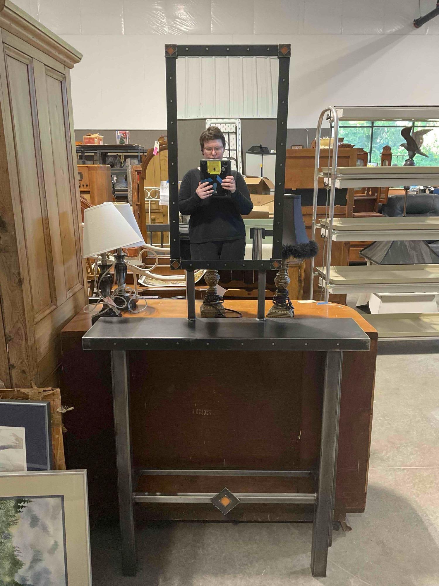 Industrial Style Steel Console Table w/ Standing Framed Mirror & Amber Colored Details.: Industrial Style Steel Console Table w/ Standing Framed Mirror & Amber Colored Details.Minor wear indicative of age and use, see photos for condition. Measures 36" x 9" x 72"