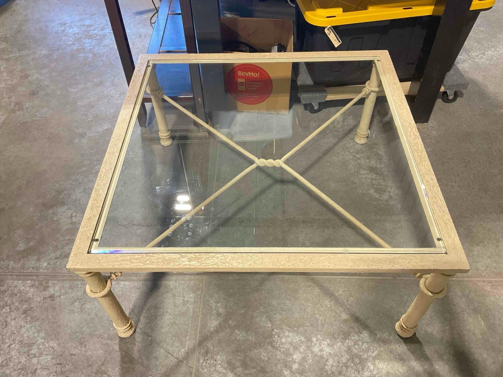 Textured Ivory Painted Metal Coffee Table w/ Glass Top. Measures 36" x 36" x 17": Textured Ivory Painted Metal Coffee Table w/ Glass Top. Measures 36" x 36" x 17" Minor wear and scratches indicative of age and use, see photos for condition. DM-6290 *Freight Required if sh