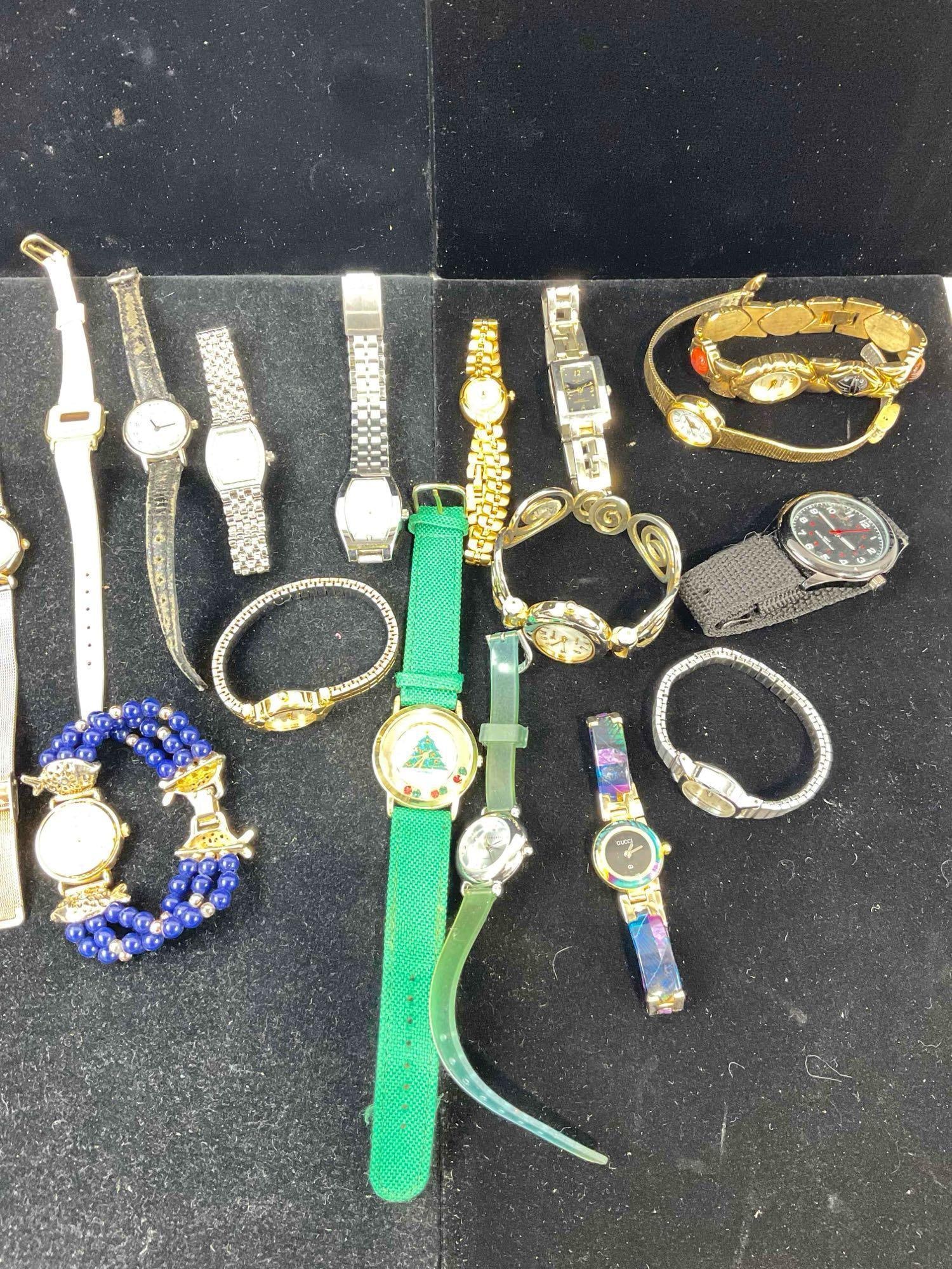 16 pcs assorted estate Women's fashion watches, incl. Gucci. most individually bagged. See pics: C-6230 Will need batteries and or service / all sold as is 