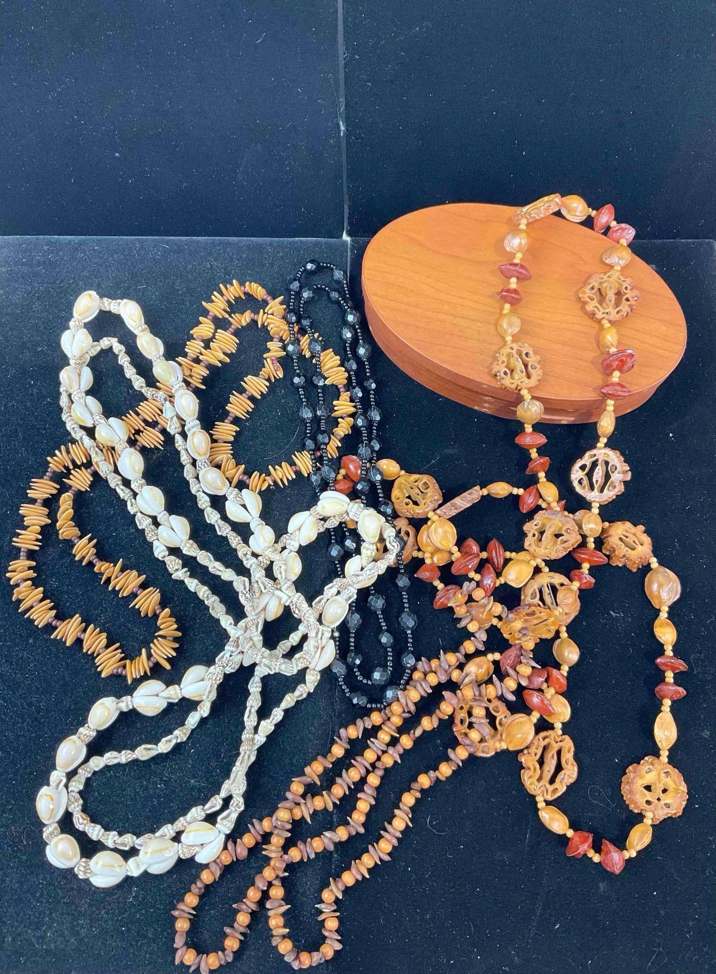 6x vintage estate necklaces Bohemian seed pod, seed, Black Beaded, 2x Cowrie shell + Wood Shaker ...: C-6620 30" to 44 " in length Comes with handsome, Wooden oval Shaker box 