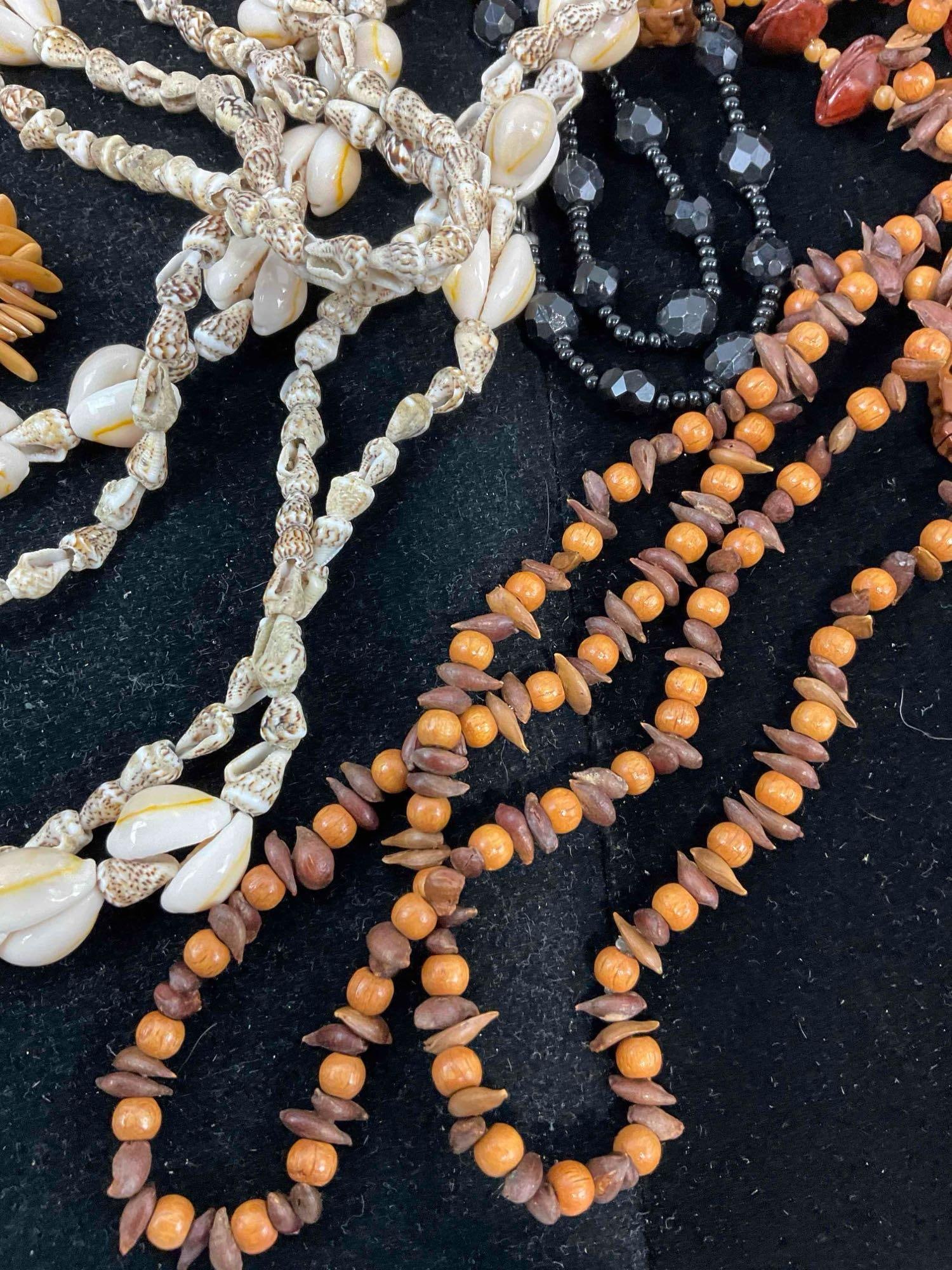 6x vintage estate necklaces Bohemian seed pod, seed, Black Beaded, 2x Cowrie shell + Wood Shaker ... - 3