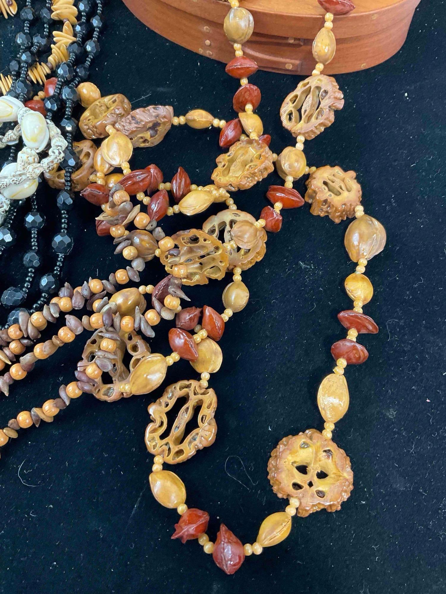 6x vintage estate necklaces Bohemian seed pod, seed, Black Beaded, 2x Cowrie shell + Wood Shaker ... - 4