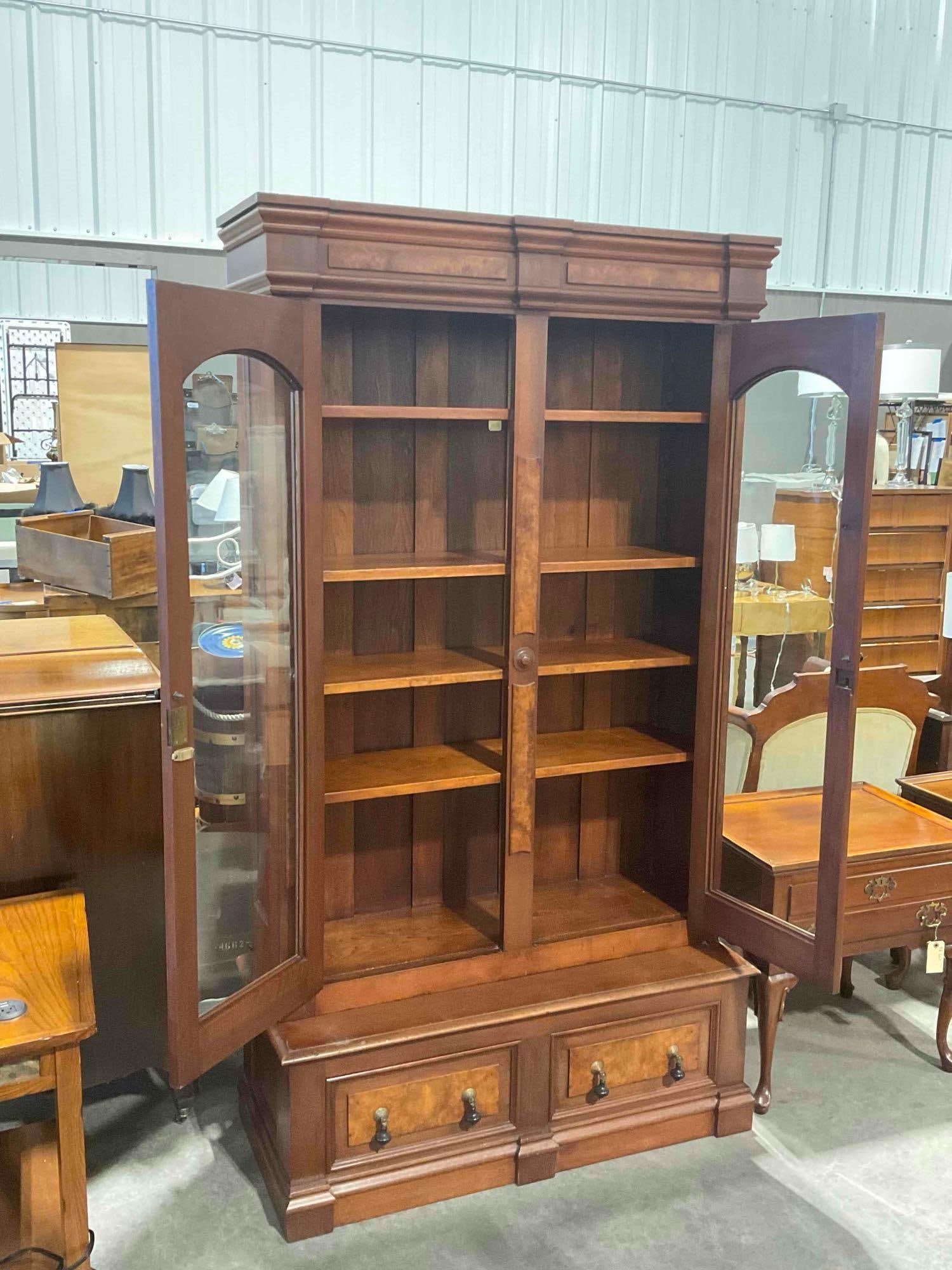 Gorgeous Antique Victorian Walnut & Burl Wood Library Bookcase w/ Arched Glass Doors. - 6