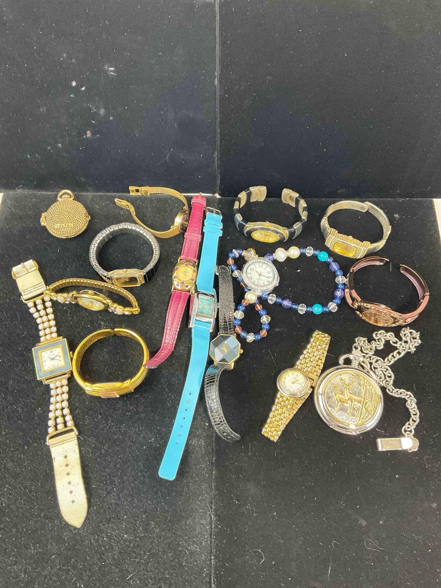 15 pcs assorted estate Women's fashion watches, most individually bagged See pics: c-6230 will need batteries and or service / all sold as is