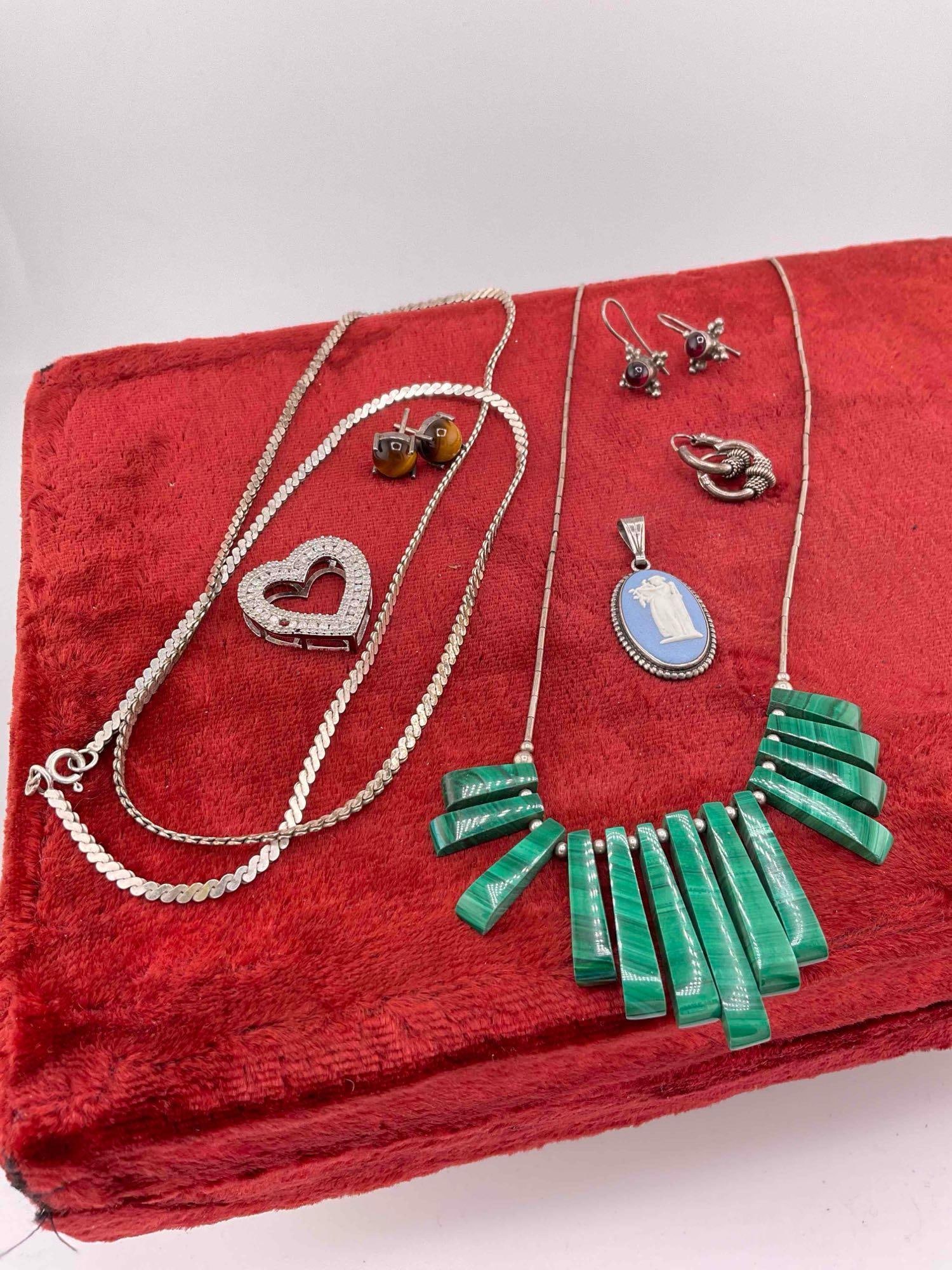 Sterling silver Necklaces & earrings, including wedgwood & Heart shaped pendant w/ real diamonds: c-6620 Heart shaped pendant has 3 rows of graduating diamonds ( missing one stone) Necklaces includes 22" King .925 and 14" Sterling necklace w/ malachite rectangular Tube beads ( fastener is no