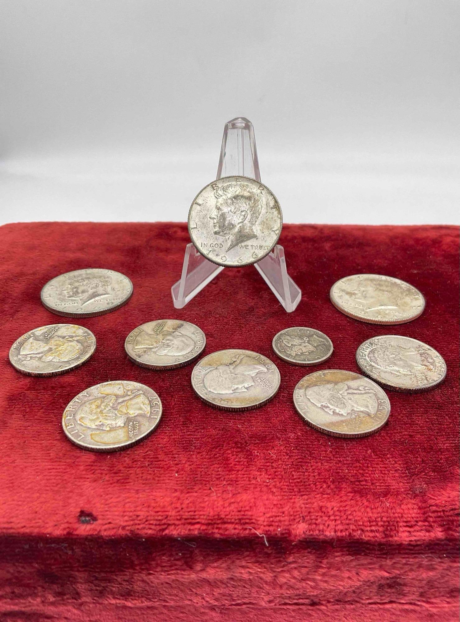 10 X Silver coins, 3x Kennedy halfs 1969, 66, & 64/ 6x Washington Quarters 1953 to 1964 + 1943 dime: c-6800 Quaters assorted Dates & mint marks Dime is 1943 Mercury Silver dimes 