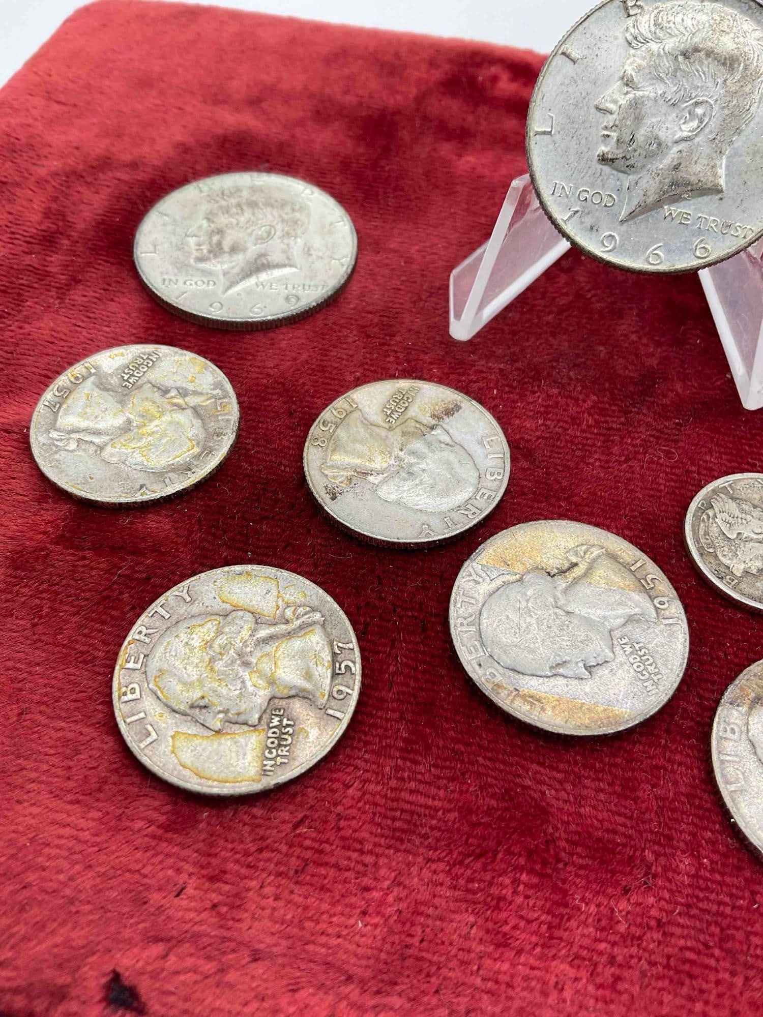 10 X Silver coins, 3x Kennedy halfs 1969, 66, & 64/ 6x Washington Quarters 1953 to 1964 + 1943 dime - 3