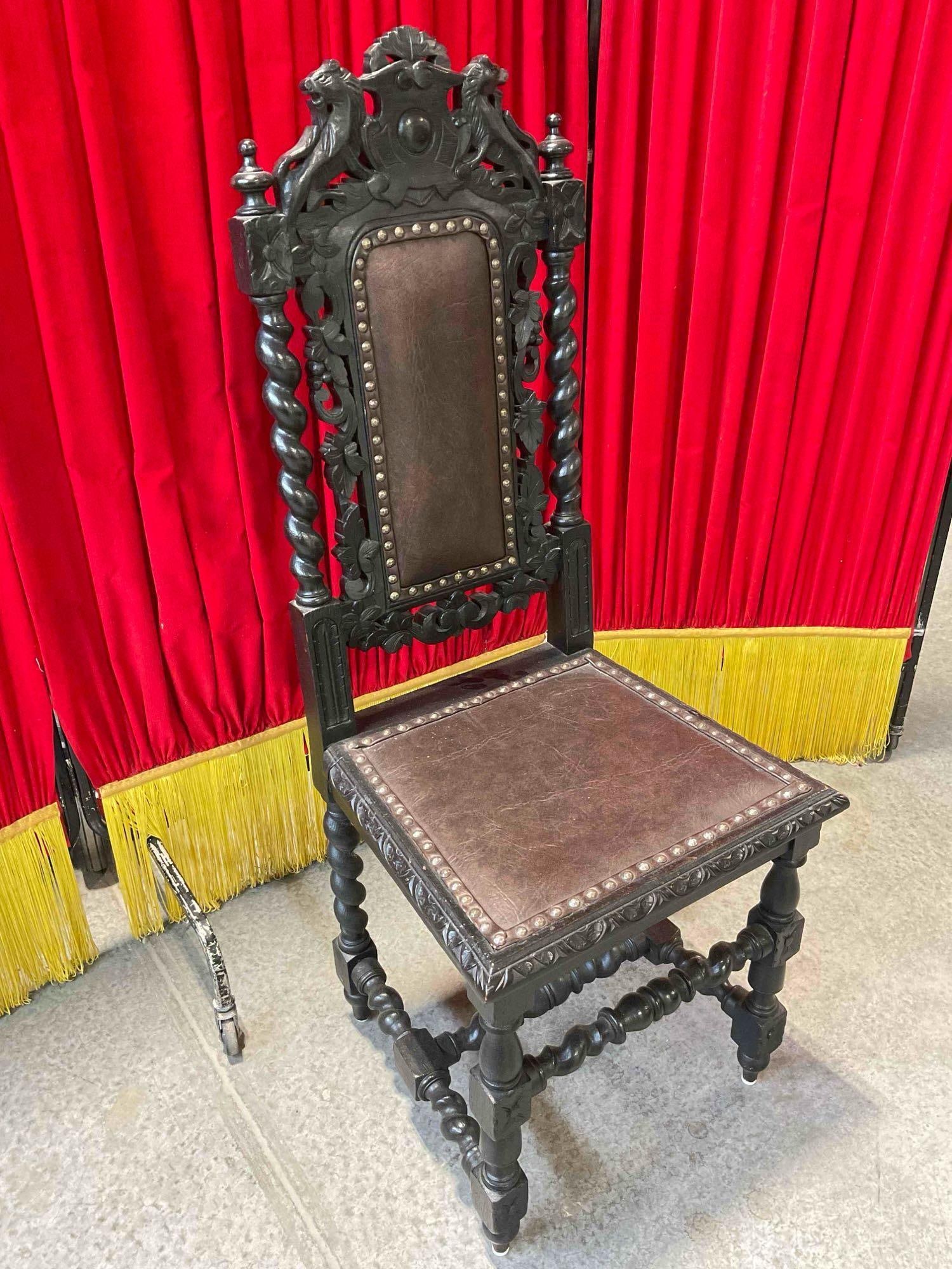 Antique 18/19th Cent.European Renaissance, Boroque Ornately Carved Dark Wood Chair w/ Lion Details. - 2