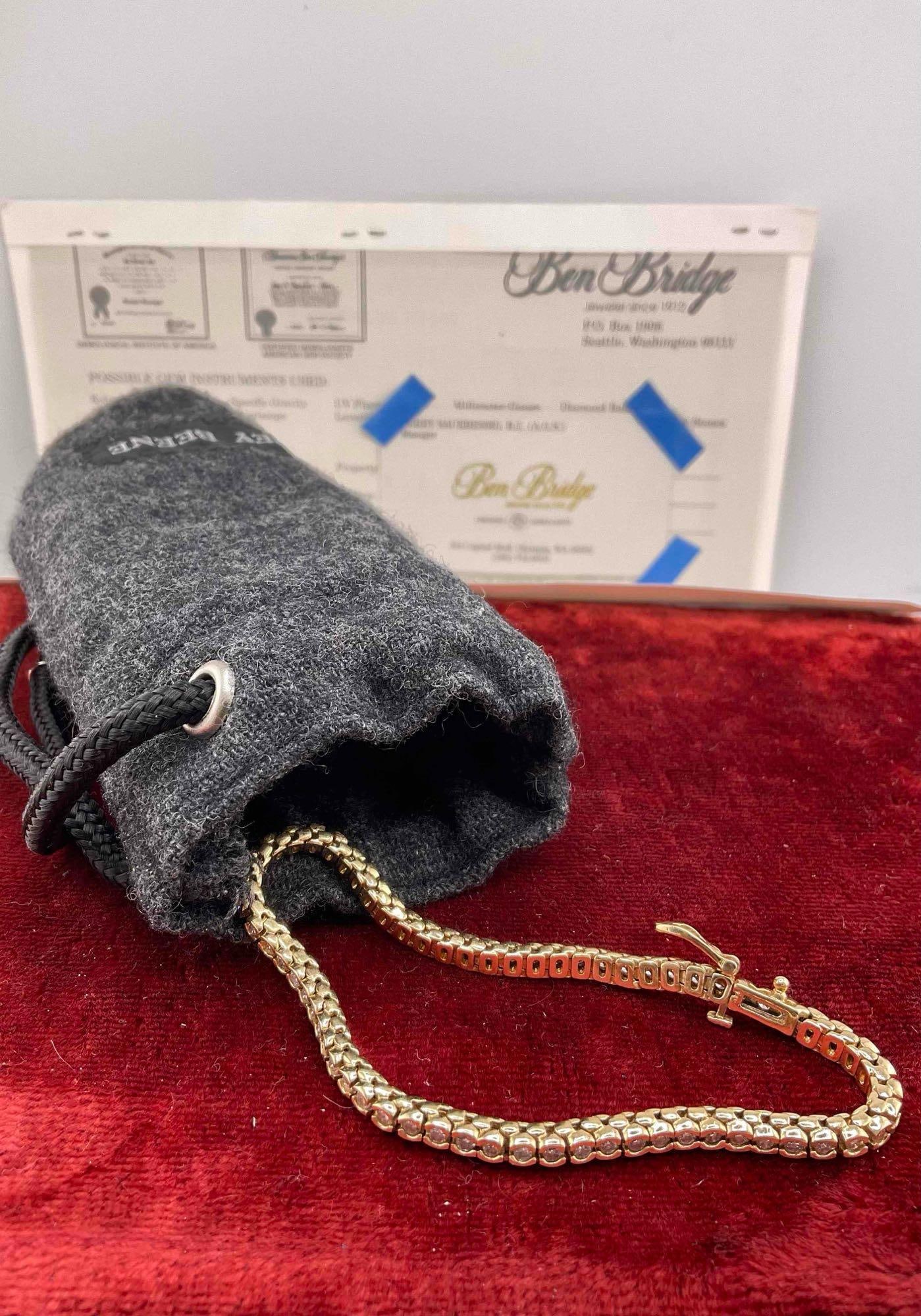 14K gold & diamond Tennis Bracelet feat. 65 Round Brilliant cut diamonds 2 Cts. total 14.87 Grams: c-414 Bracelet Comes with year 2000 appraisal for 1895.00 when gold was just $292.00 per ounce / total gram weight 14.87 grams Diamonds are I2 clarity I/k color Nice