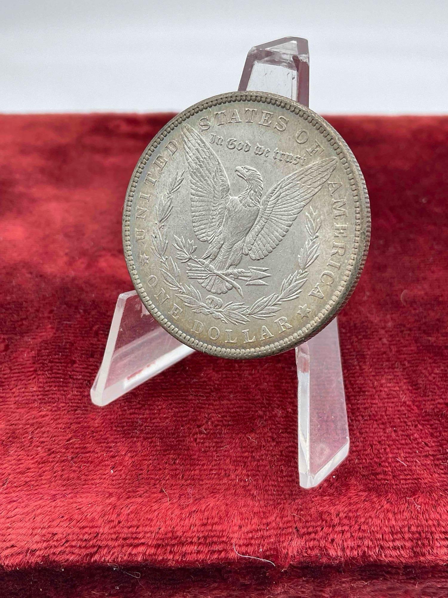 Antique 1887 Silver Morgan Dollar w/ doubling in the date and rim toning both Obverse and reverse - 2