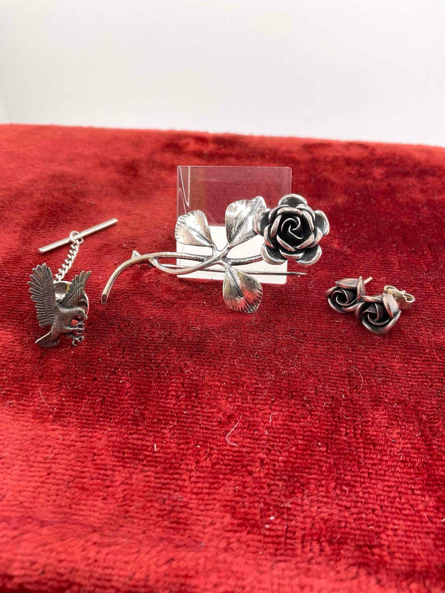 Rare Vintage 1950's .925 Theodor Klotz Rose brooch & matching earrings + James Avery Eagle Tie tac: C-6620 Both pieces are marked .925 and are sterling silver Silver marked "TEKA" was made by the famous German jewelry designer and workshop Theodor Klotz , which produced
