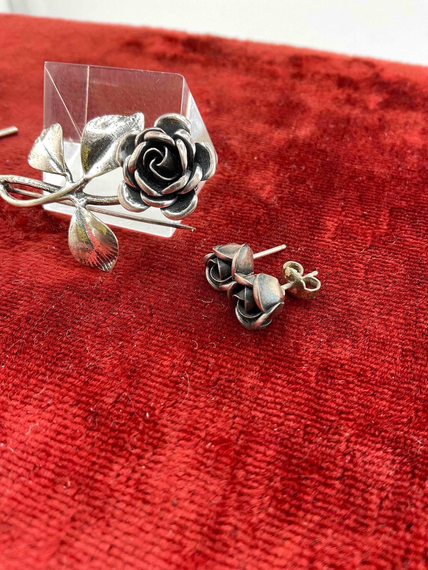 Rare Vintage 1950's .925 Theodor Klotz Rose brooch & matching earrings + James Avery Eagle Tie tac - 2