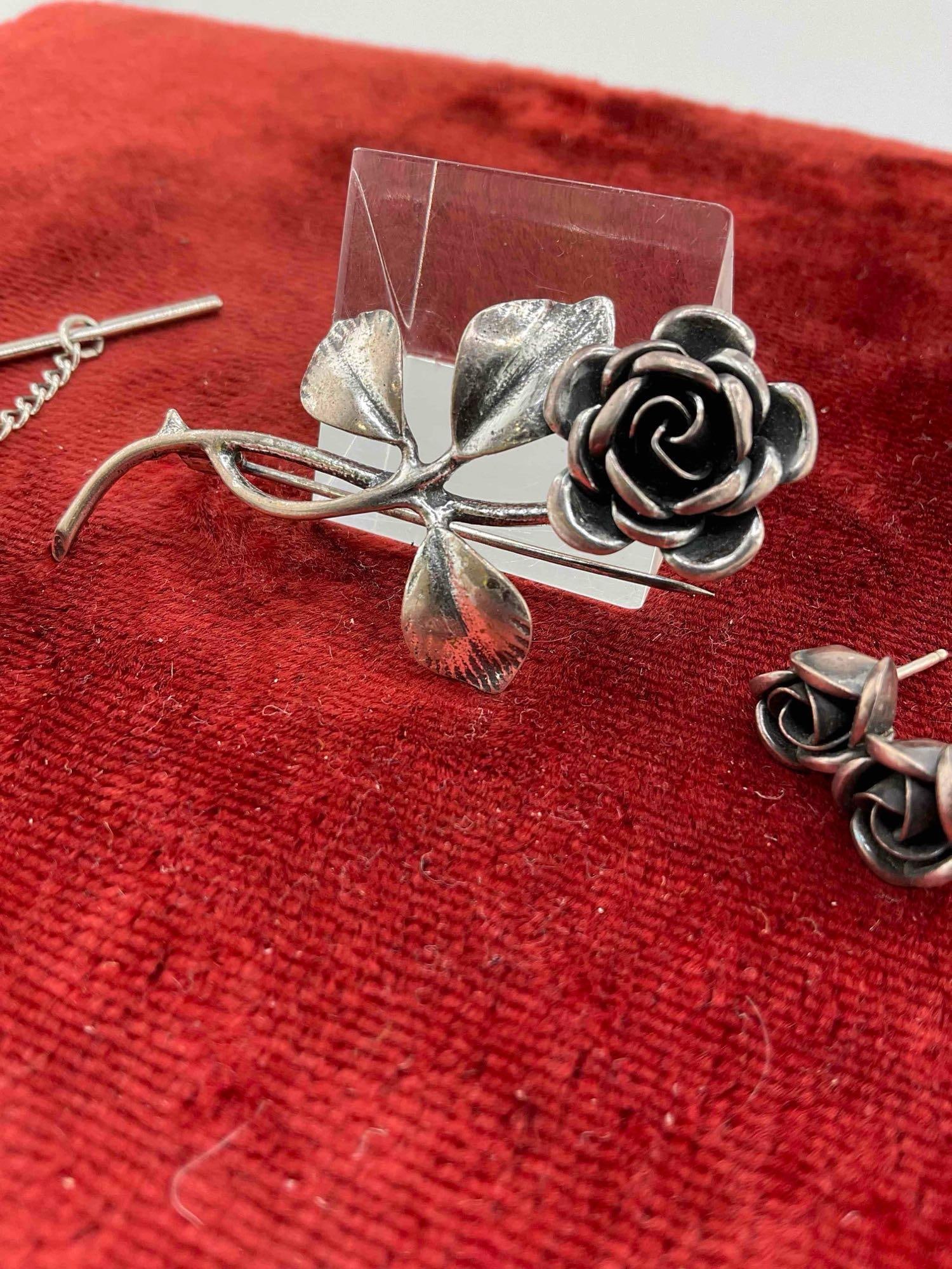 Rare Vintage 1950's .925 Theodor Klotz Rose brooch & matching earrings + James Avery Eagle Tie tac - 3