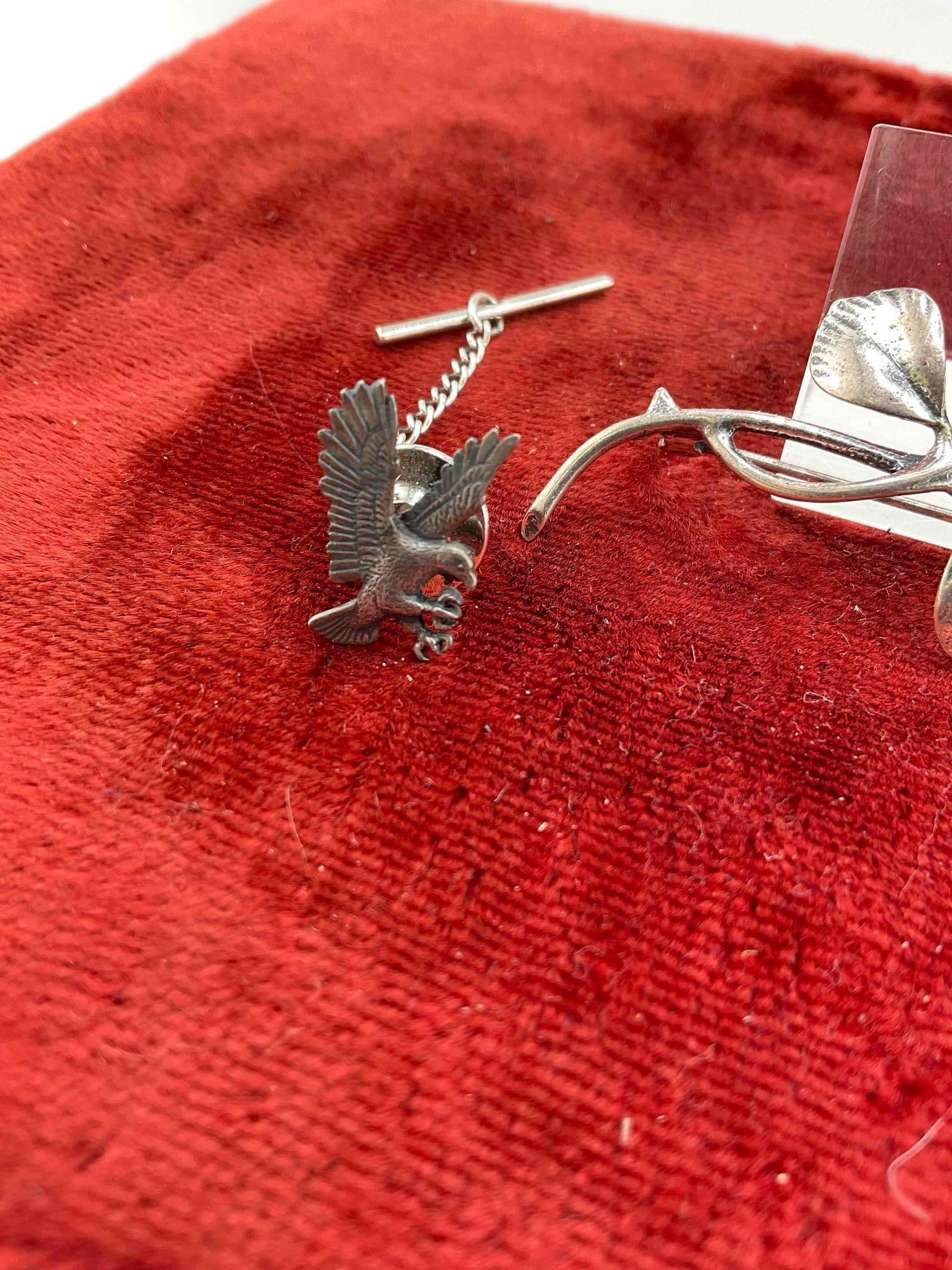 Rare Vintage 1950's .925 Theodor Klotz Rose brooch & matching earrings + James Avery Eagle Tie tac - 4