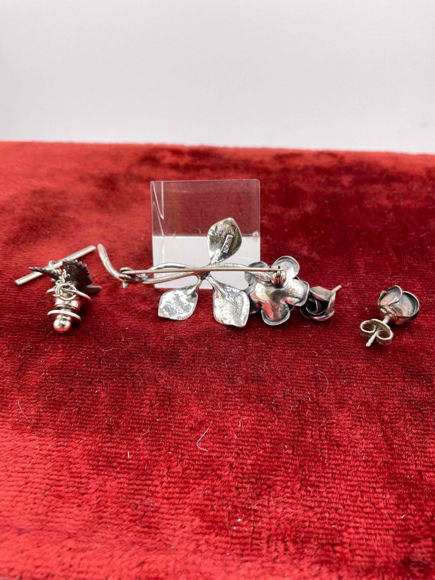 Rare Vintage 1950's .925 Theodor Klotz Rose brooch & matching earrings + James Avery Eagle Tie tac - 5