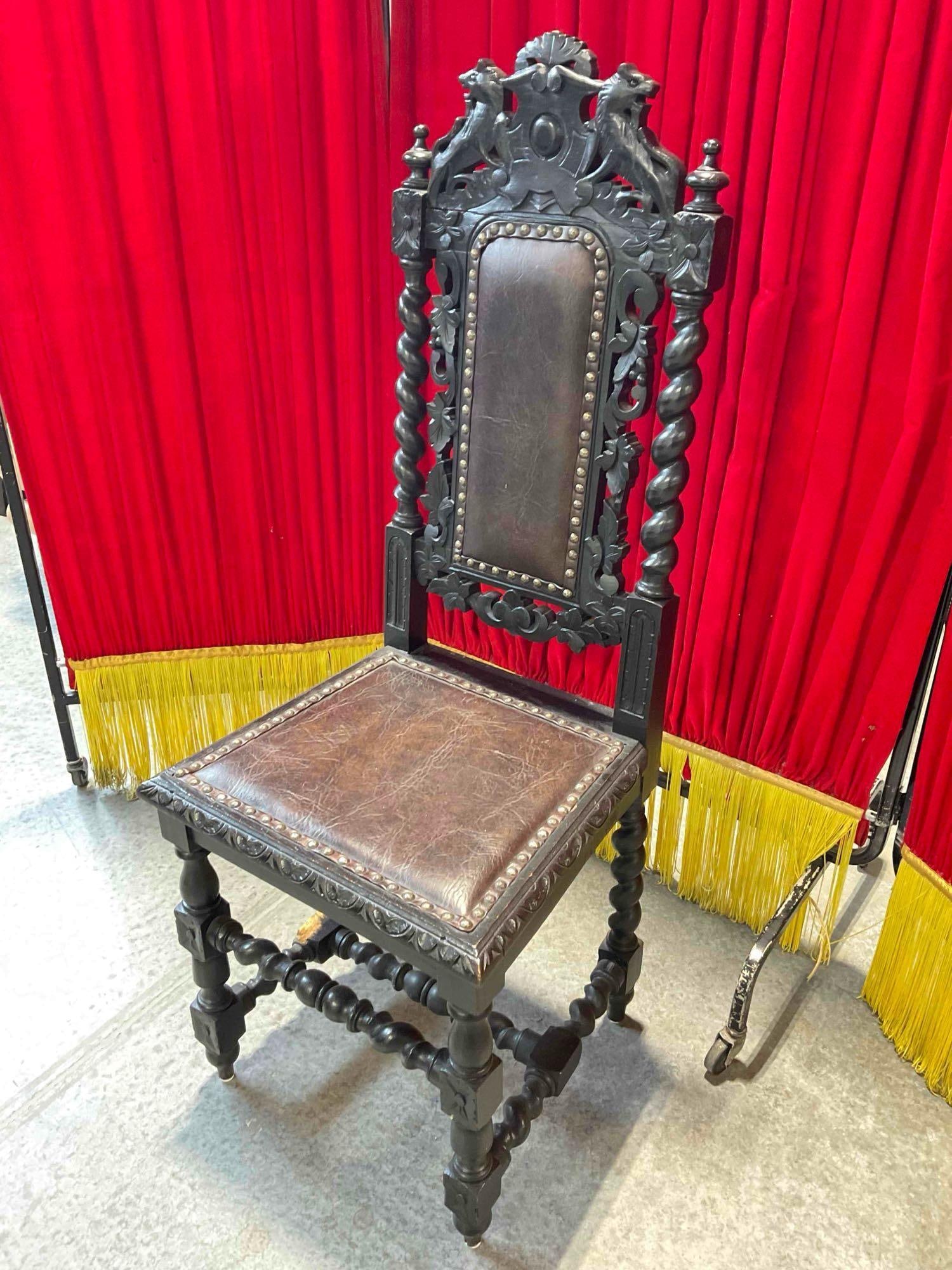 Antique 18/19th Cent.European Renaissance, Boroque Ornately Carved Dark Wood Chair w/ Lion Details. - 2