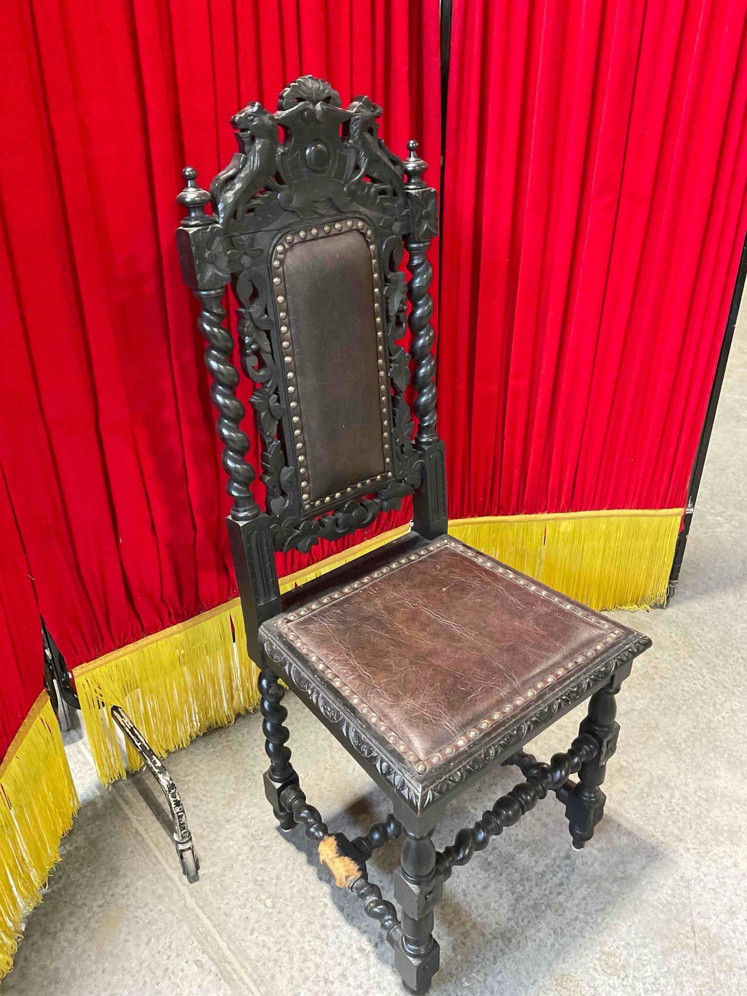 Antique 18/19th Cent.European Renaissance, Boroque Ornately Carved Dark Wood Chair w/ Lion Details. - 3