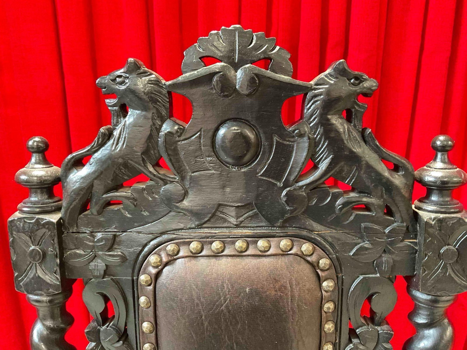 Antique 18/19th Cent.European Renaissance, Boroque Ornately Carved Dark Wood Chair w/ Lion Details. - 5