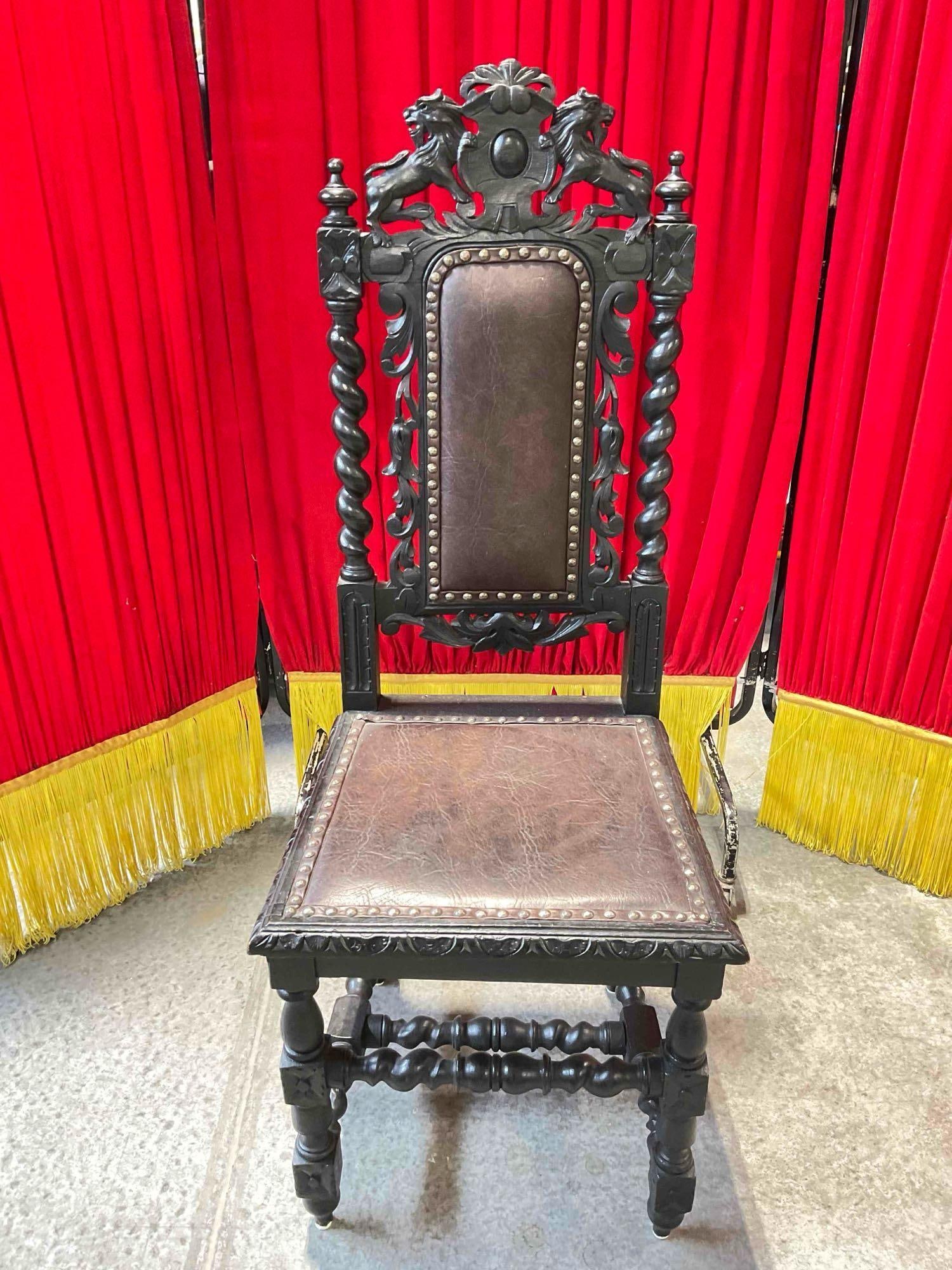 Antique 18/19th Cent.European Renaissance, Boroque Ornately Carved Dark Wood Chair w/ Lion Details.: Incredible Antique Late18th / mid 19th Cent . European Ornately Carved Dark Wood Solid Walnut / possibly Oak Chair w/ Lion Details. In set with lots 101-106. Leather upholstery is slightly