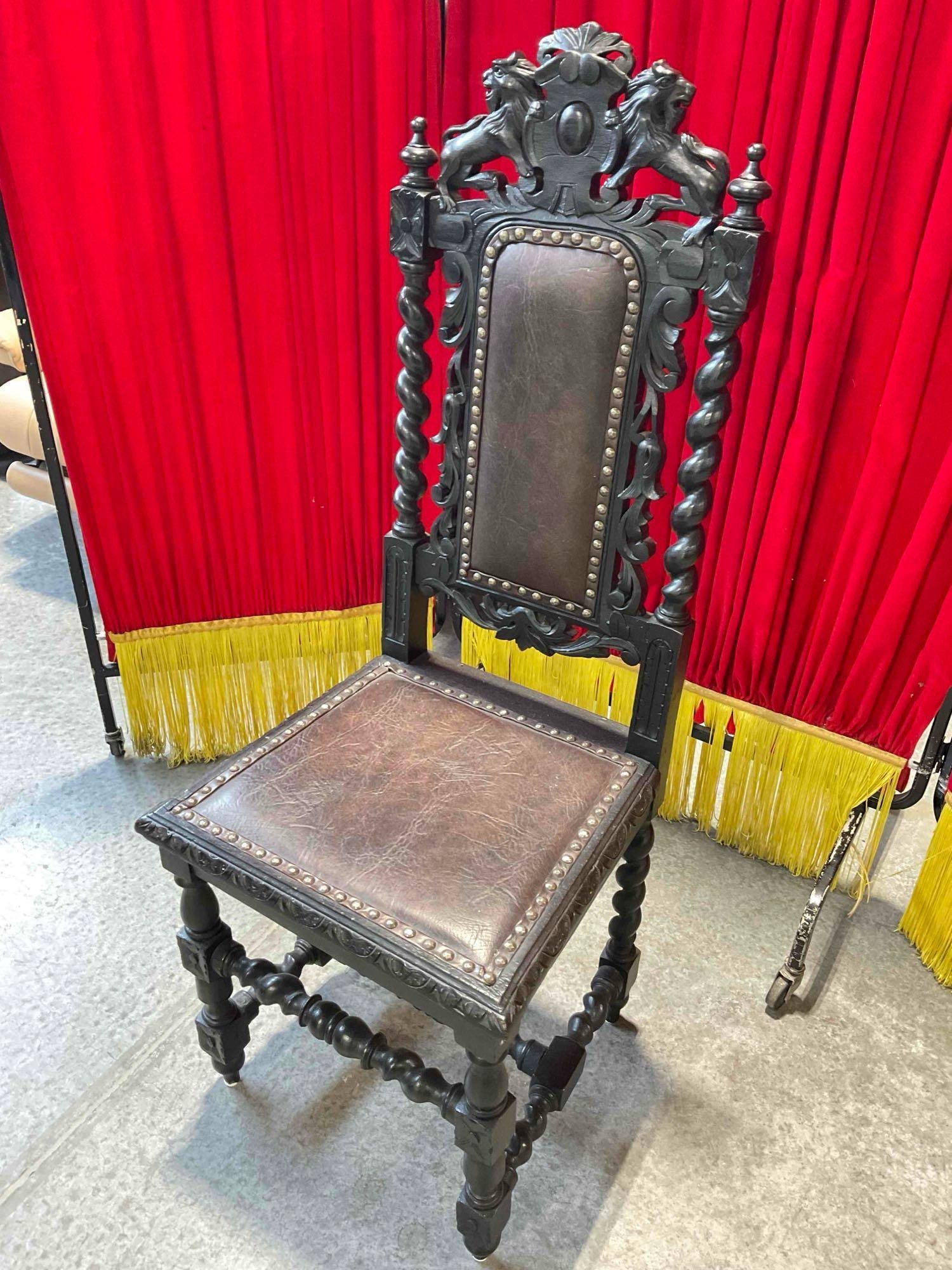 Antique 18/19th Cent.European Renaissance, Boroque Ornately Carved Dark Wood Chair w/ Lion Details. - 3