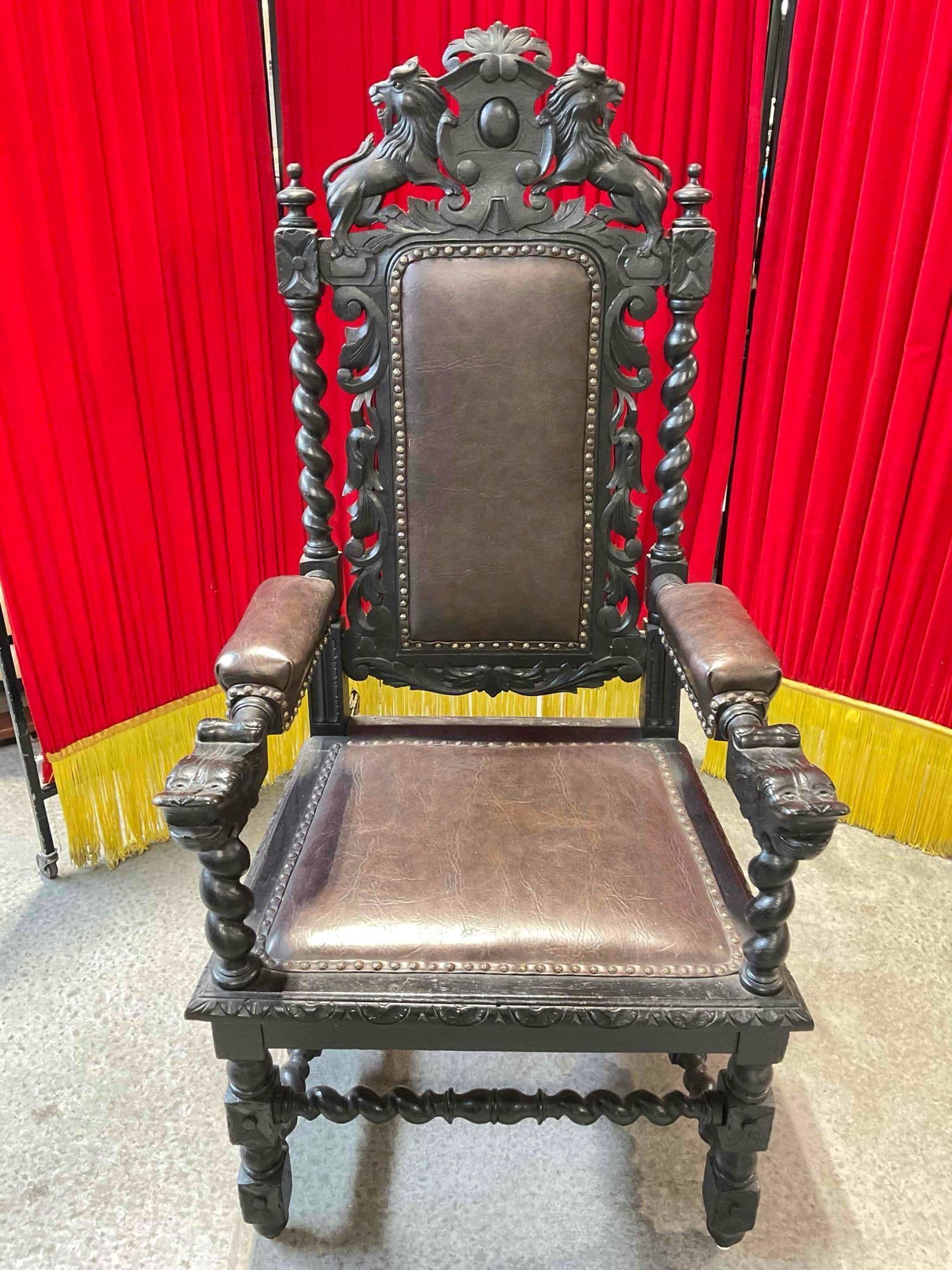 Antique 18/19th Cent.European Renaissance, Boroque Carved Dark Wood Throne Chair w/ Lion Details.: Incredible Antique late 18th / early 19th Cent. European Ornately Carved Dark Wood Walnut, possible oak Arm Chair w/ Lion Details. Minor wear indicative of age and use, one arm is slightly loose and