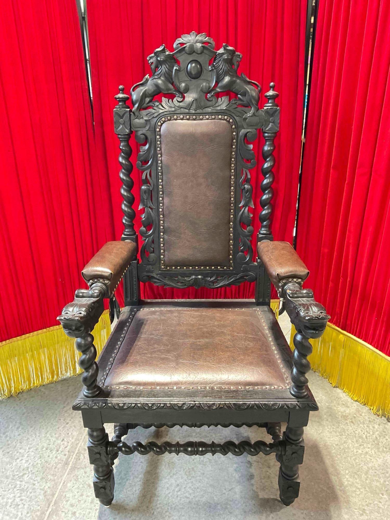 Antique 18/19th Cent.European Renaissance, Boroque Carved Dark Wood Throne Chair w/ Lion Details. (1 of 8)