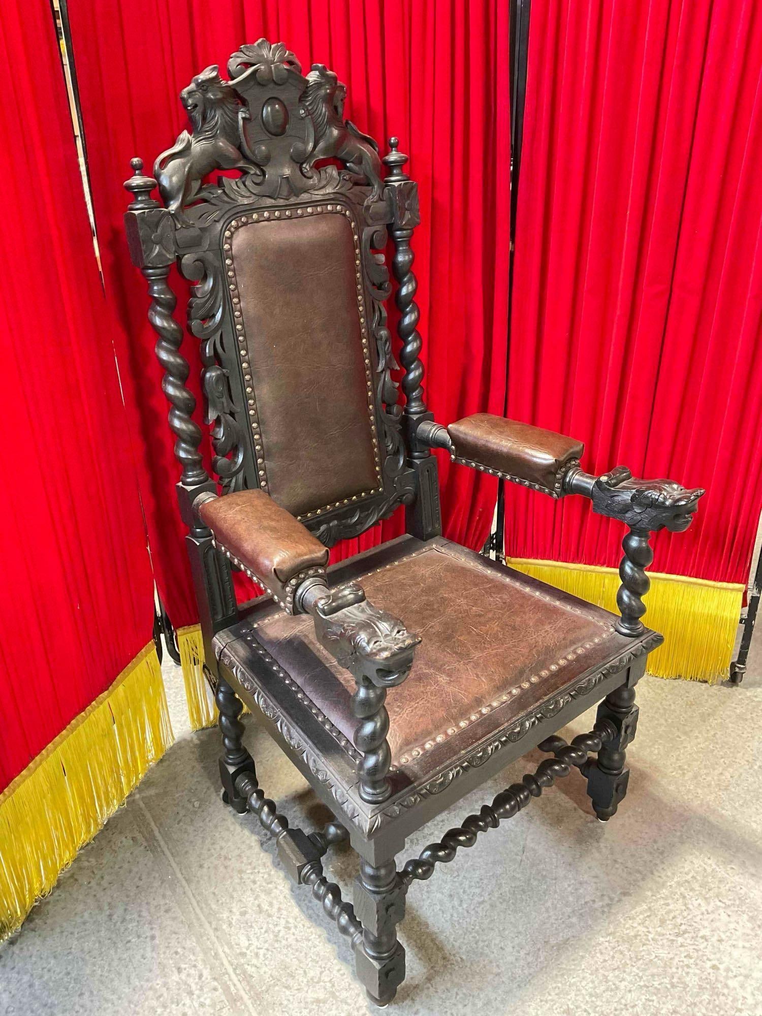 Antique 18/19th Cent.European Renaissance, Boroque Carved Dark Wood Throne Chair w/ Lion Details. - 2