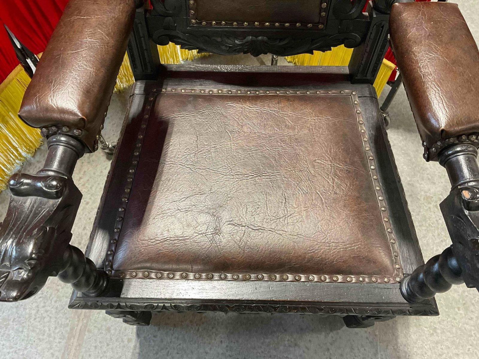 Antique 18/19th Cent.European Renaissance, Boroque Carved Dark Wood Throne Chair w/ Lion Details. - 6