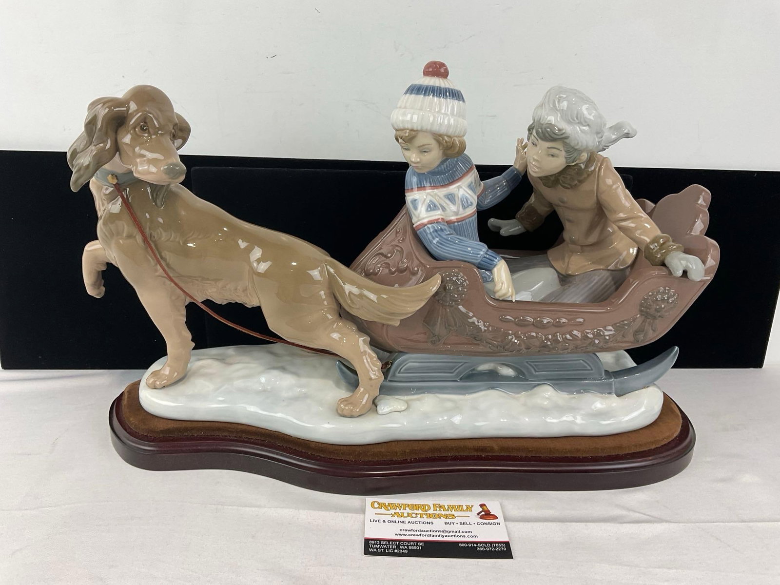 LLADRO 5037 Retired Sleigh Ride Glazed Porcelain Figurine, w/box, 10h x 19w x 6d inches: Issued in 1980, and retired in 1996. The box See pics for condition. The box measures approx 12h x 28w x 20d inches. E-6710 Valued 300 to 600 Secondary market sold comparable's 