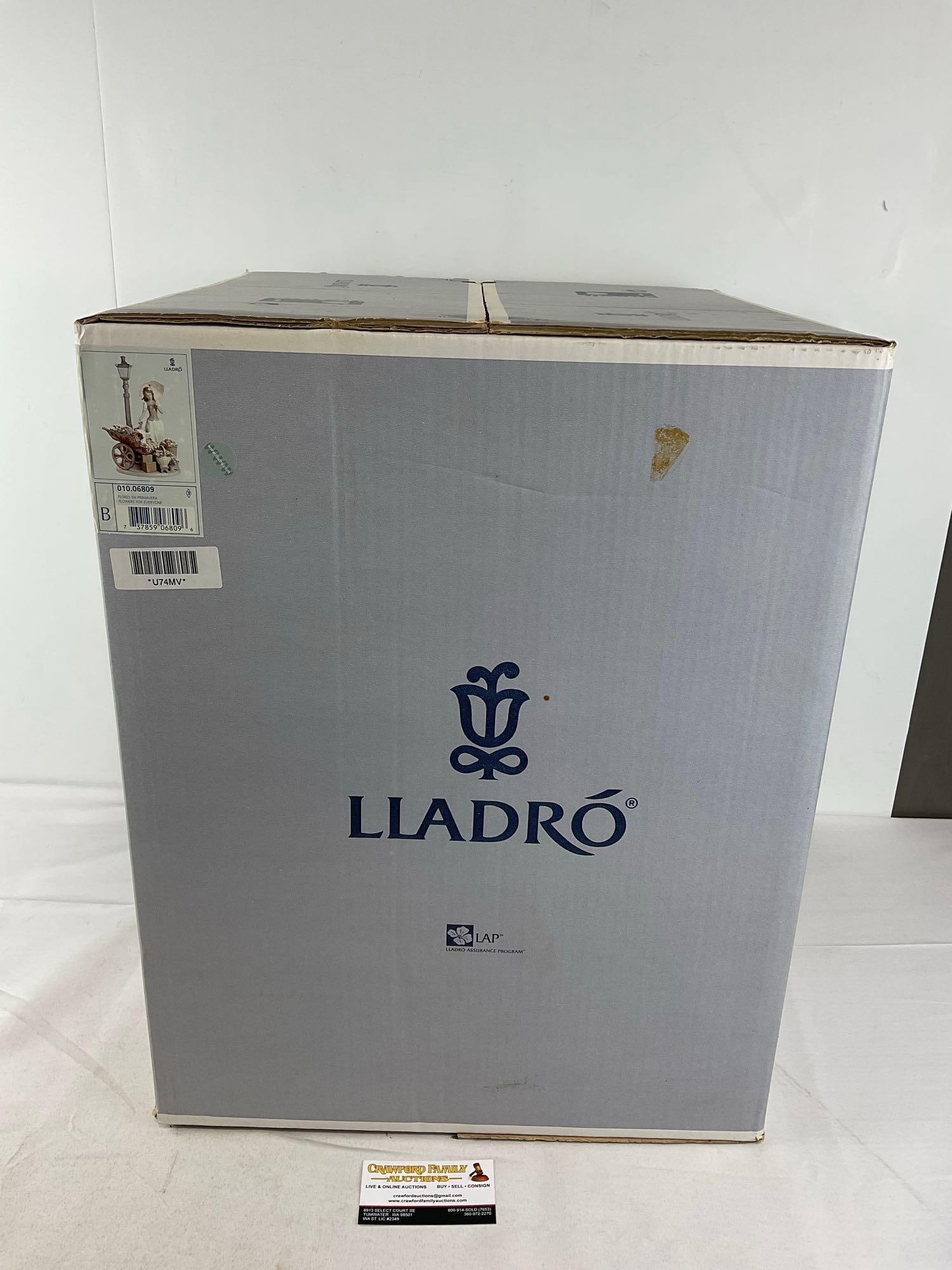NEW IN BOX Rare Gorgeous LLADRO Sculpture #010.06809 Flowers For Everyone 15x11x9 inches: Very rare Comes with the fragile bisque porcelain umbrella piece w/brass screw on handle. Issued in 2002, retired in 2005. Box is unopened, and condition is unknown, though the box is largely in good