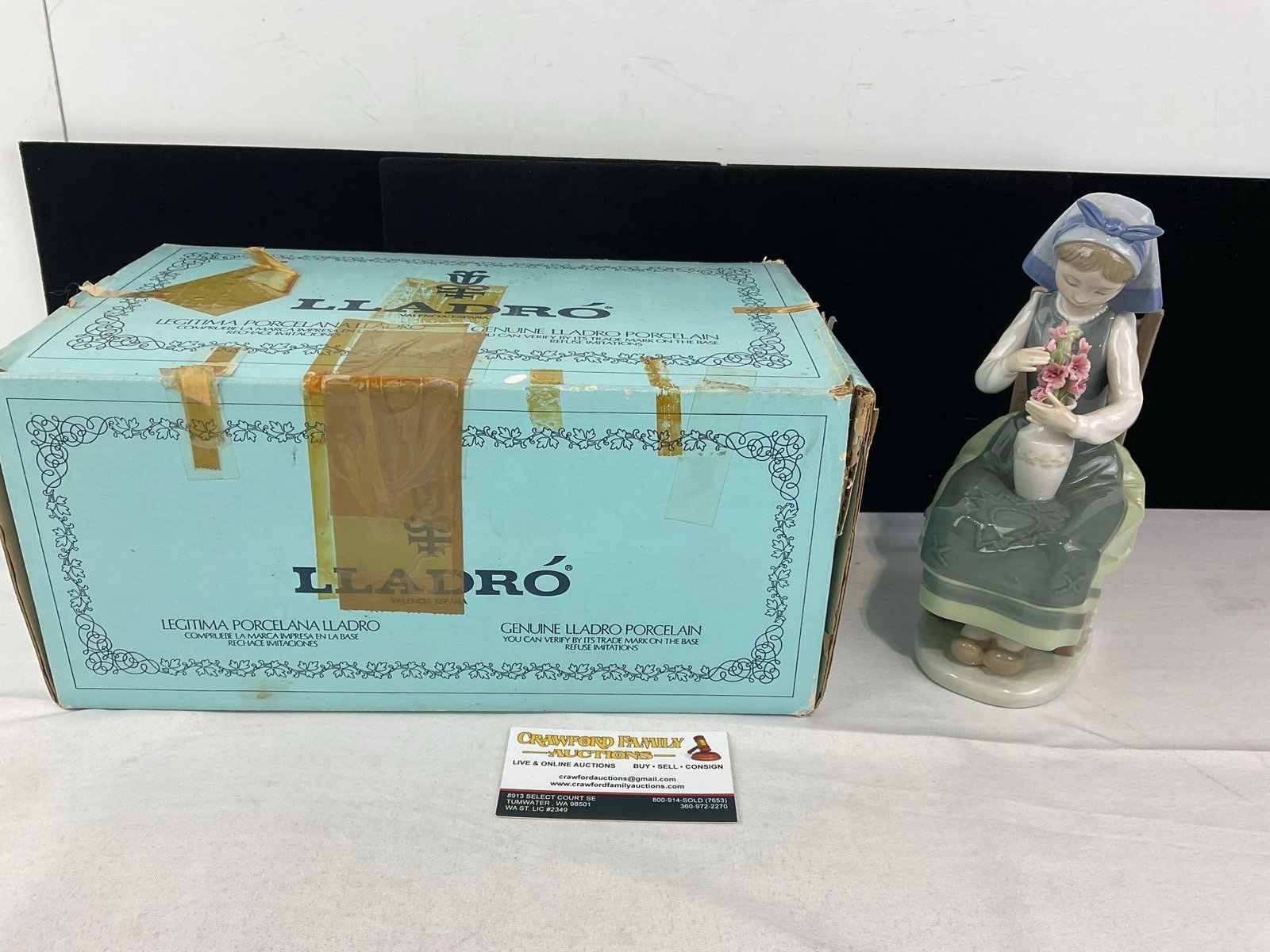 LLADRO Glazed Porcelain Figure, Retired 1995 #1418 Flower Harmony, w/ OG box 7h x 14w x 9d in: Issued 1983, and retired 1995. See pics for condition. The piece in the box measures approx 7h x 14w x 9d inches. E-6710 Box has tape on it see pics 