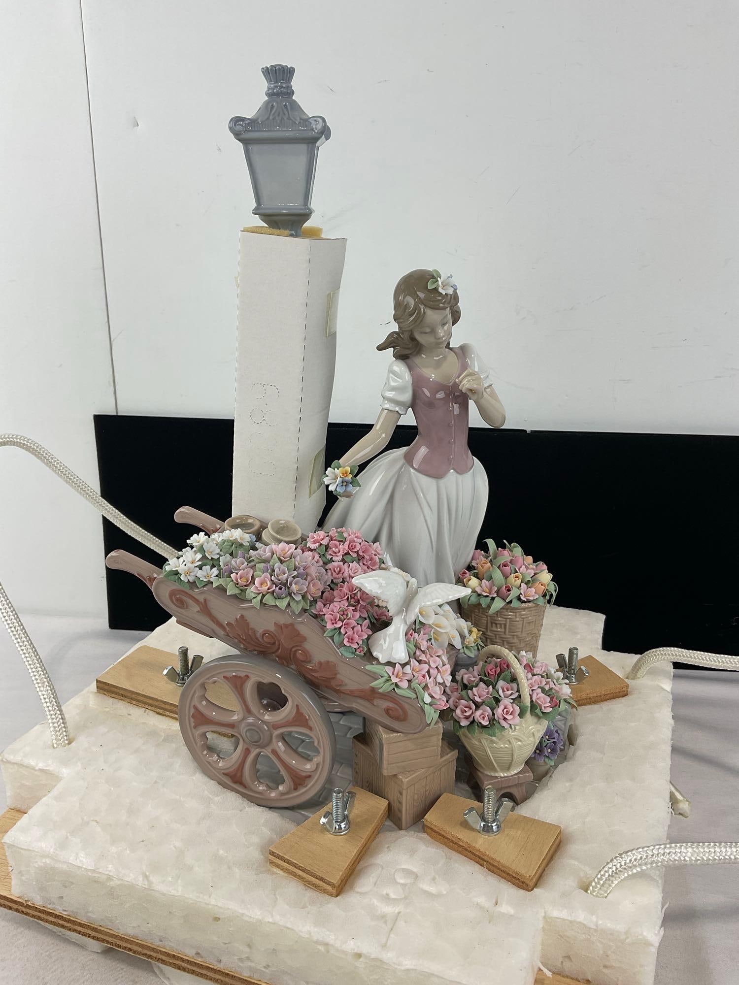 Rare Gorgeous LLADRO Sculpture #010.06809 Flowers For Everyone In Open OG Box , 23x18x18 inches: Comes with the fragile bisque porcelain umbrella piece w/brass screw on handle. Same as the previous model, this one has been opened. Previous sold price for these is anywhere from 3,900, to